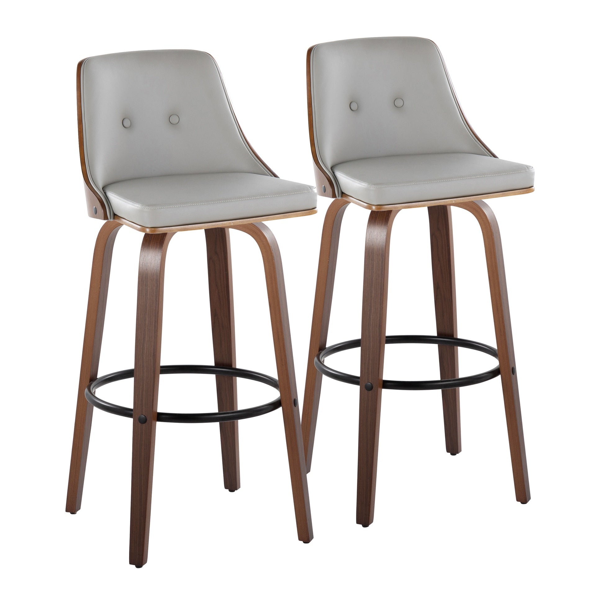 Gianna Mid-Century Modern Fixed-Height Barstool with Swivel in Walnut Wood and Light Grey Faux Leather with Round Black Metal Footrest by LumiSource - Set of 2