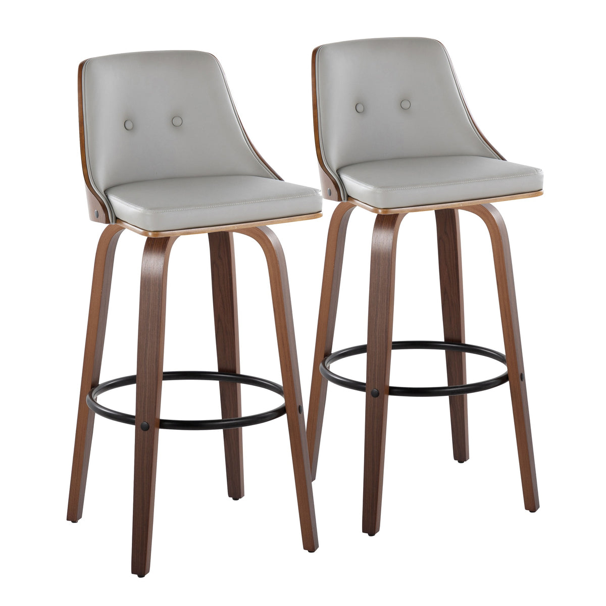 Gianna Mid-Century Modern Fixed-Height Barstool with Swivel in Walnut Wood and Light Grey Faux Leather with Round Black Metal Footrest by LumiSource - Set of 2