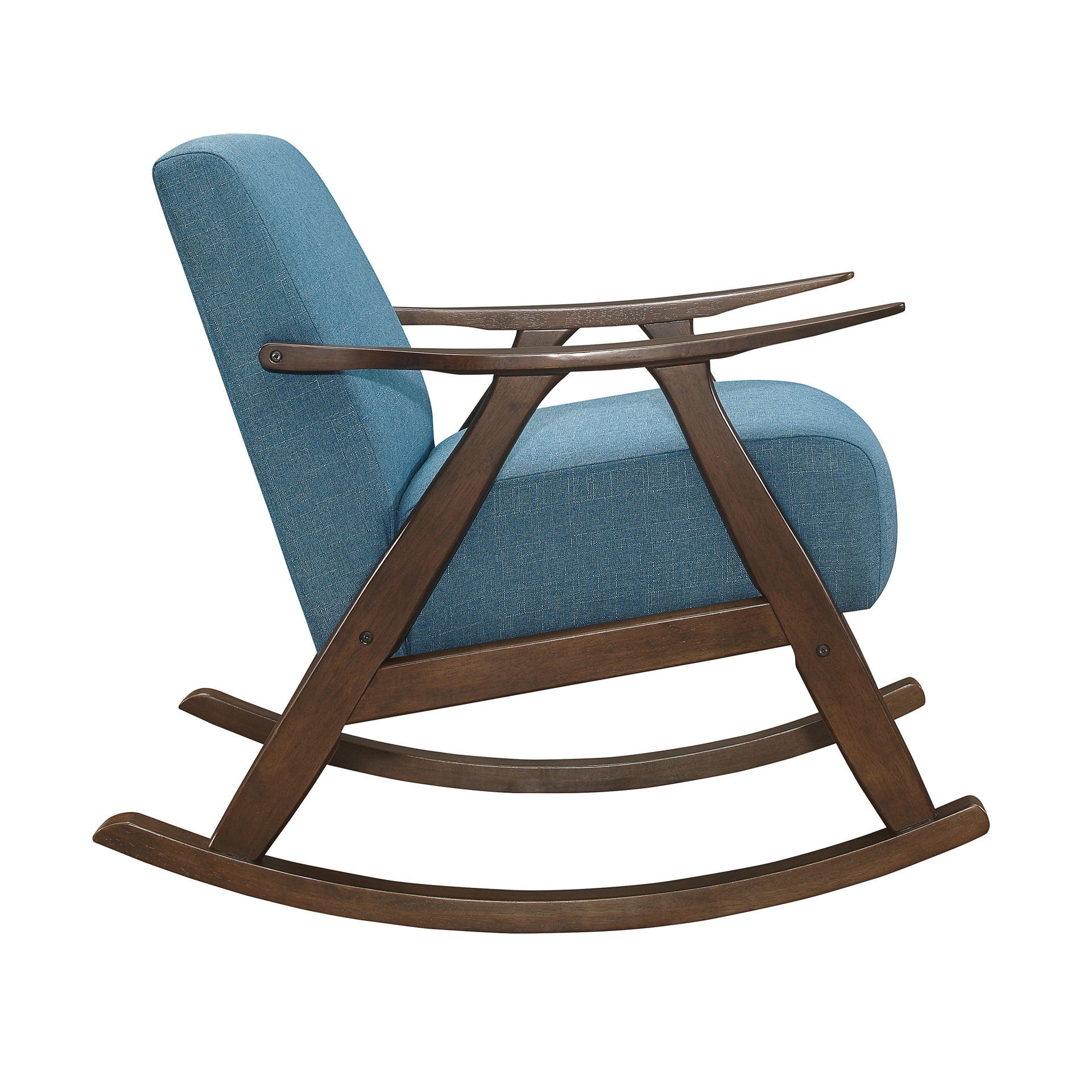 Modern Home Furniture 1pc Rocking Chair Blue Fabric Upholstered Dark Walnut Finish Wood Cushion Seat and Back