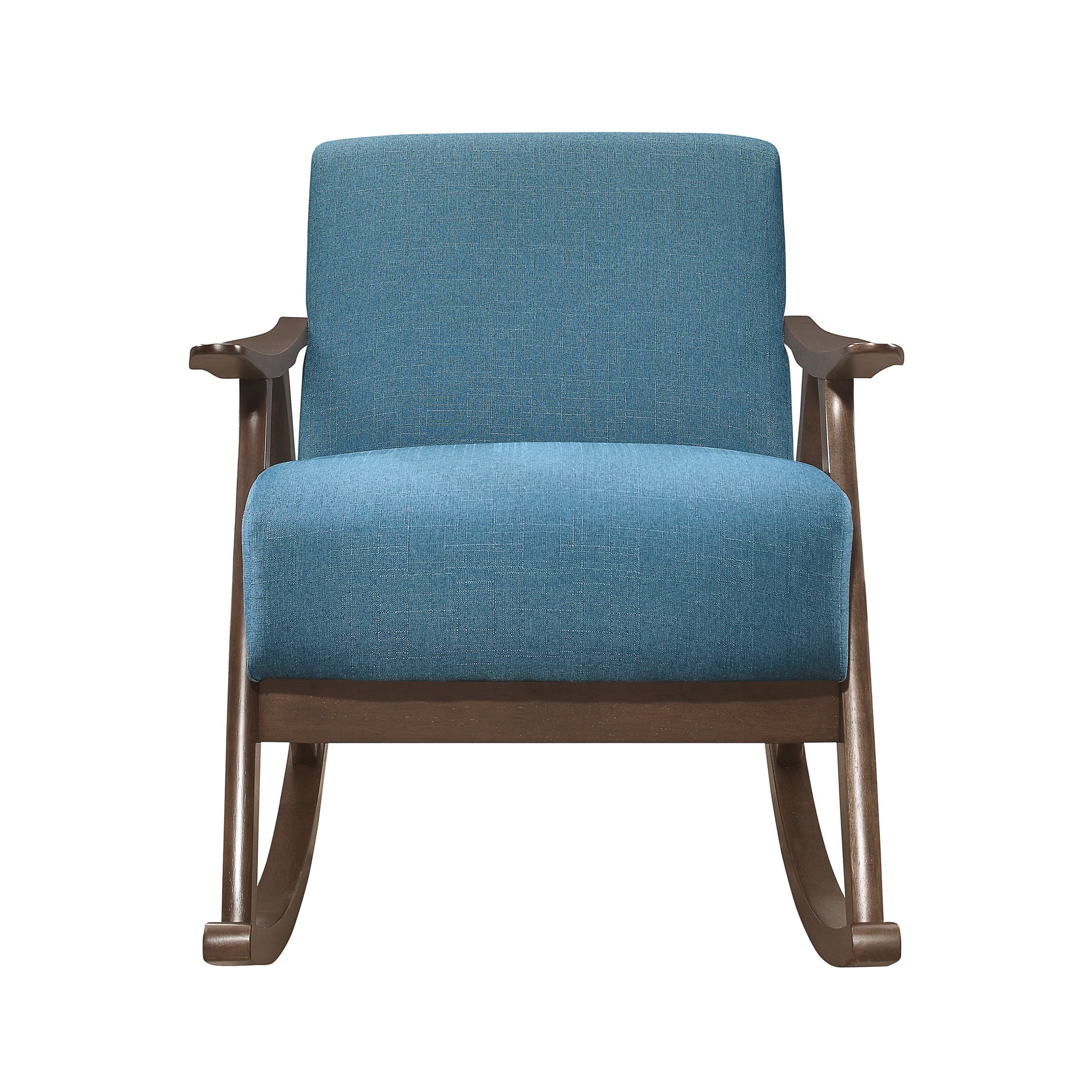 Modern Home Furniture 1pc Rocking Chair Blue Fabric Upholstered Dark Walnut Finish Wood Cushion Seat and Back