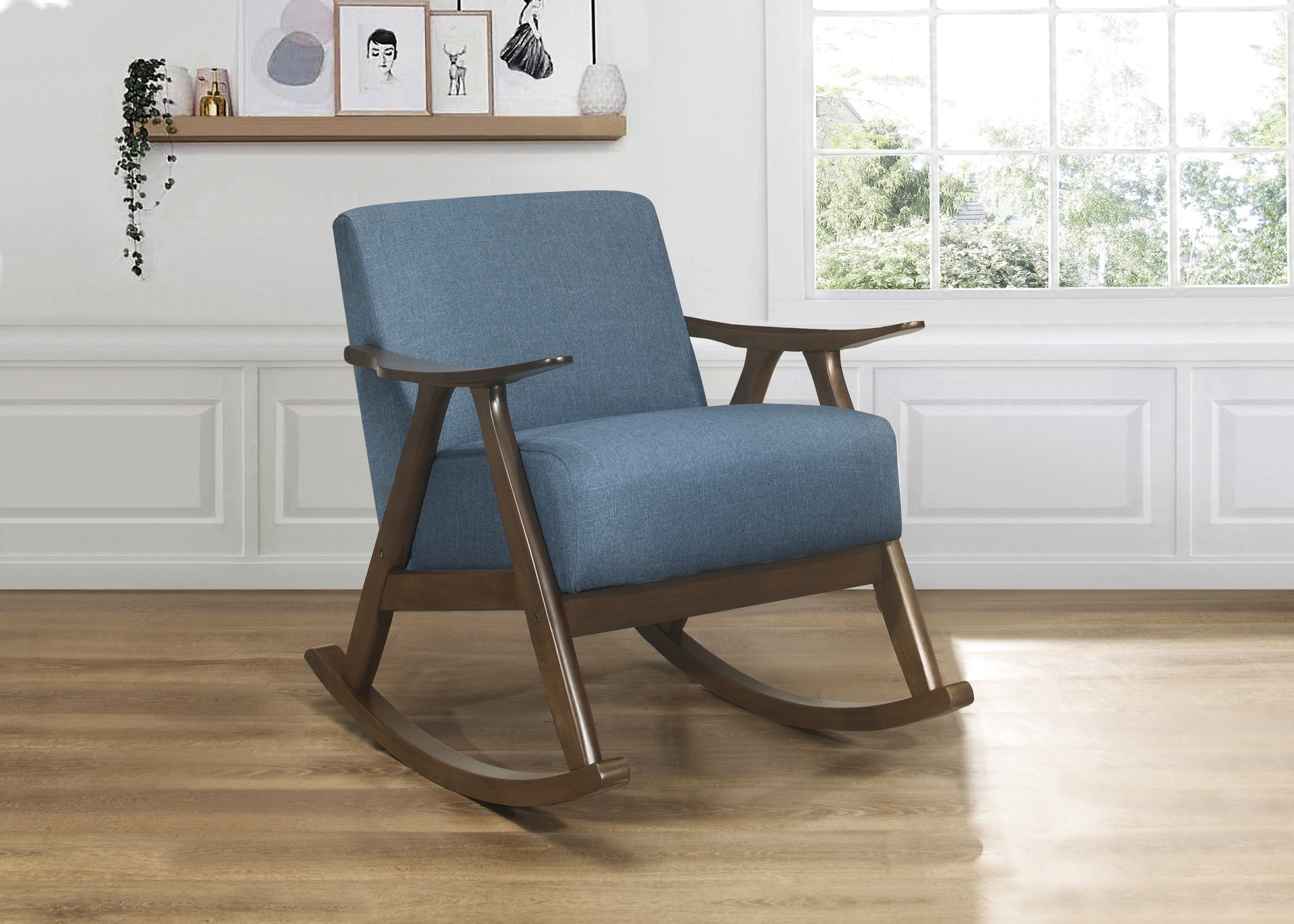 Modern Home Furniture 1pc Rocking Chair Blue Fabric Upholstered Dark Walnut Finish Wood Cushion Seat and Back