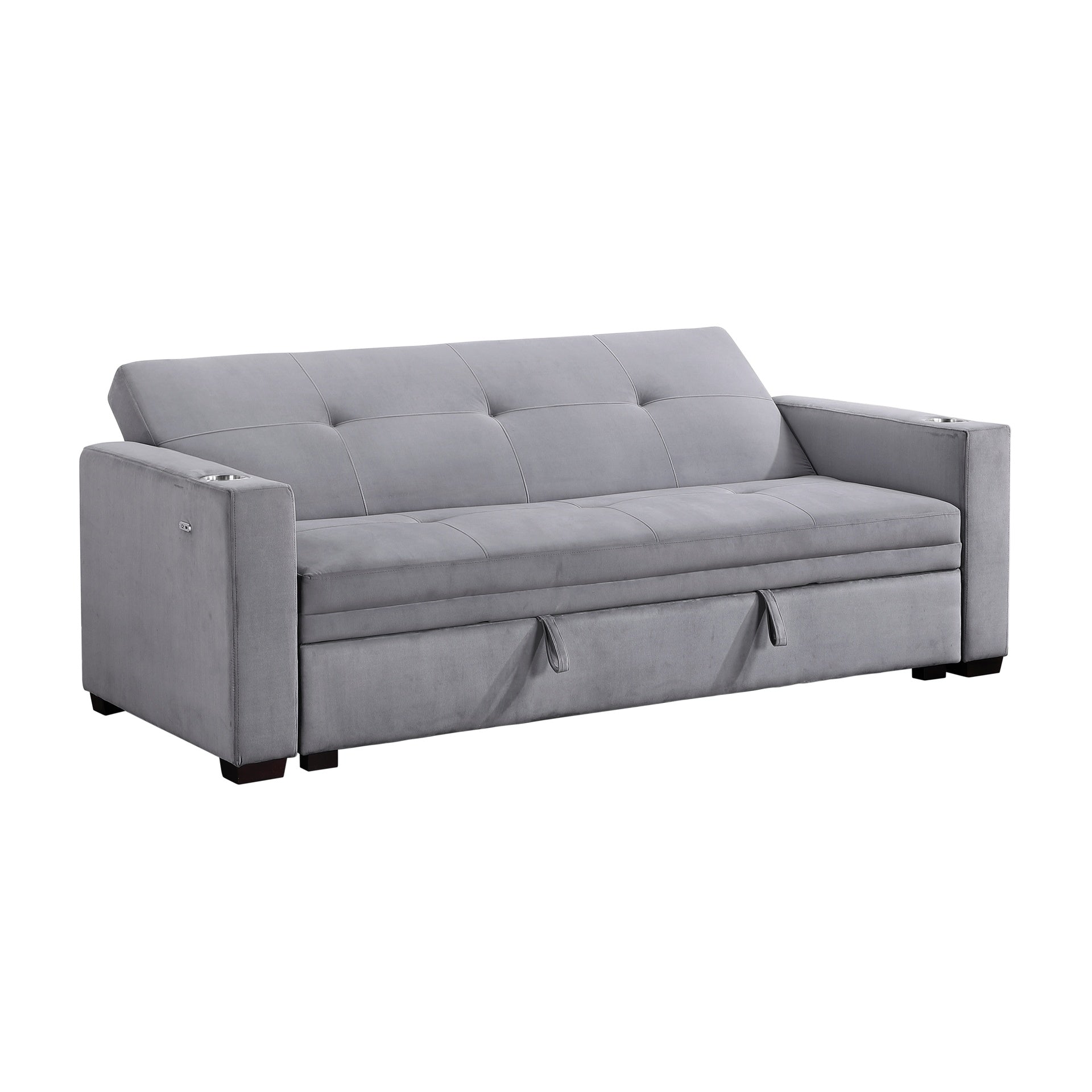 Modern Convertible Sofa with Hidden Storage Cup Holders Charging Ports Gray Velvet Solid Wood Living Room Furniture 1pc