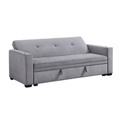 Modern Convertible Sofa with Hidden Storage Cup Holders Charging Ports Gray Velvet Solid Wood Living Room Furniture 1pc