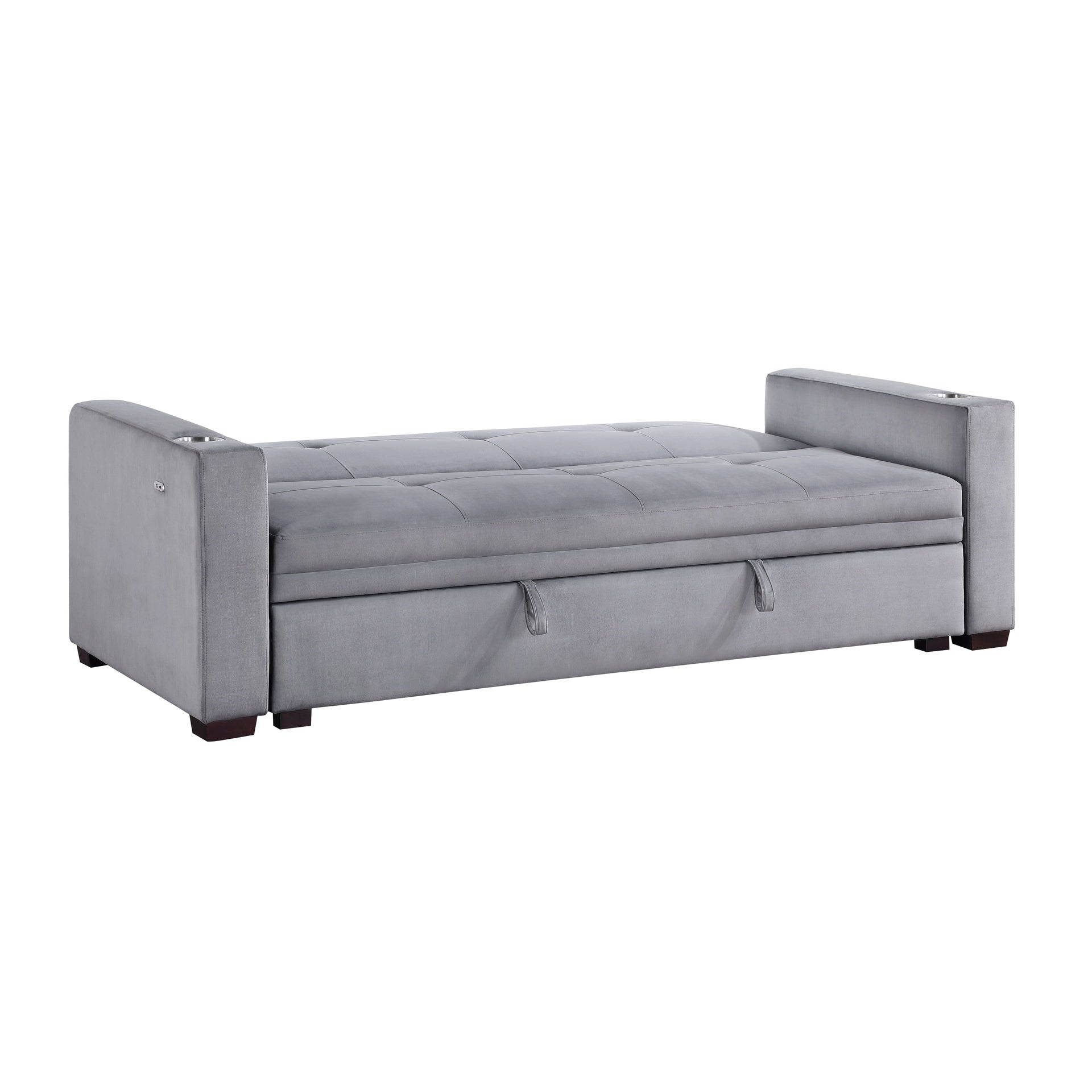 Modern Convertible Sofa with Hidden Storage Cup Holders Charging Ports Gray Velvet Solid Wood Living Room Furniture 1pc
