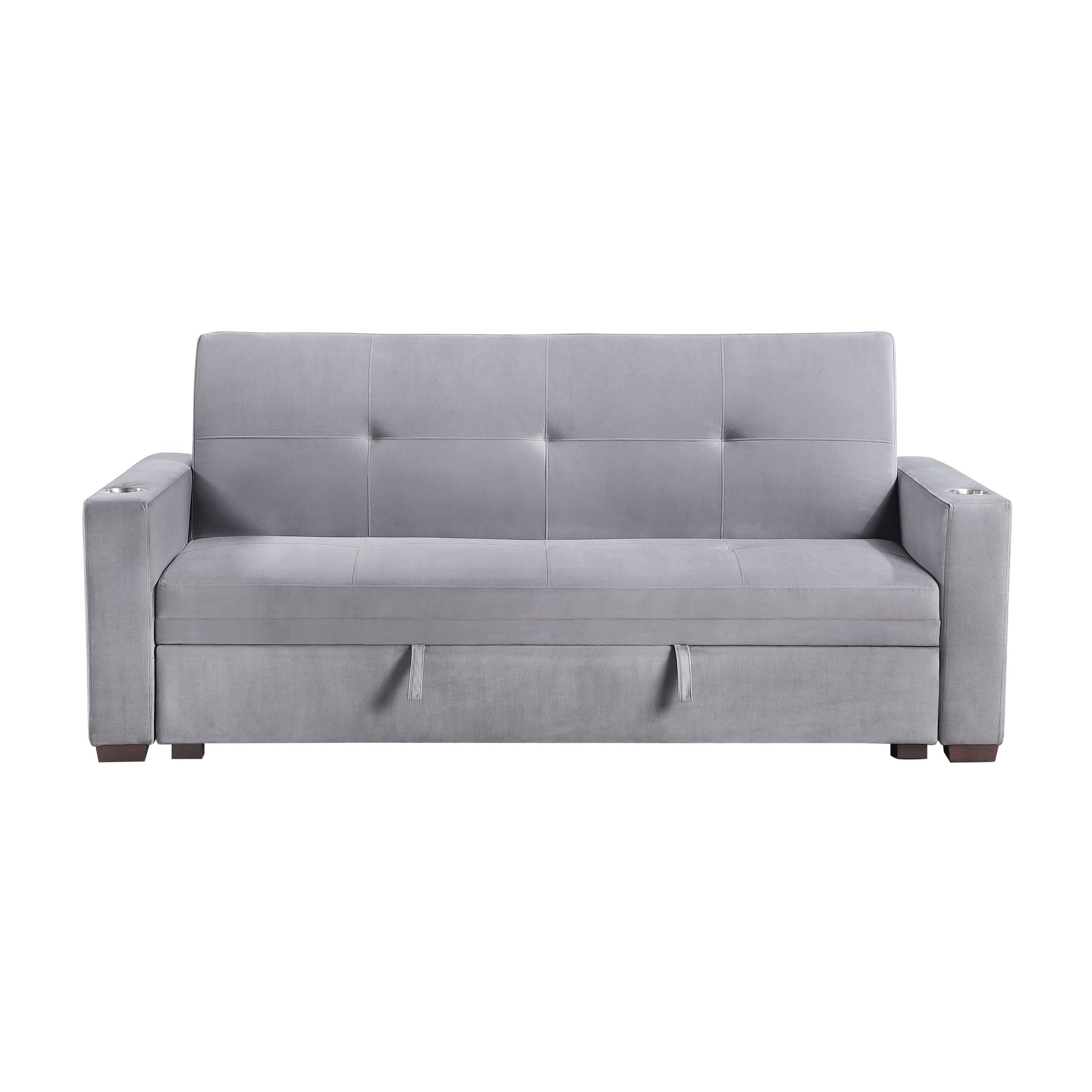Modern Convertible Sofa with Hidden Storage Cup Holders Charging Ports Gray Velvet Solid Wood Living Room Furniture 1pc