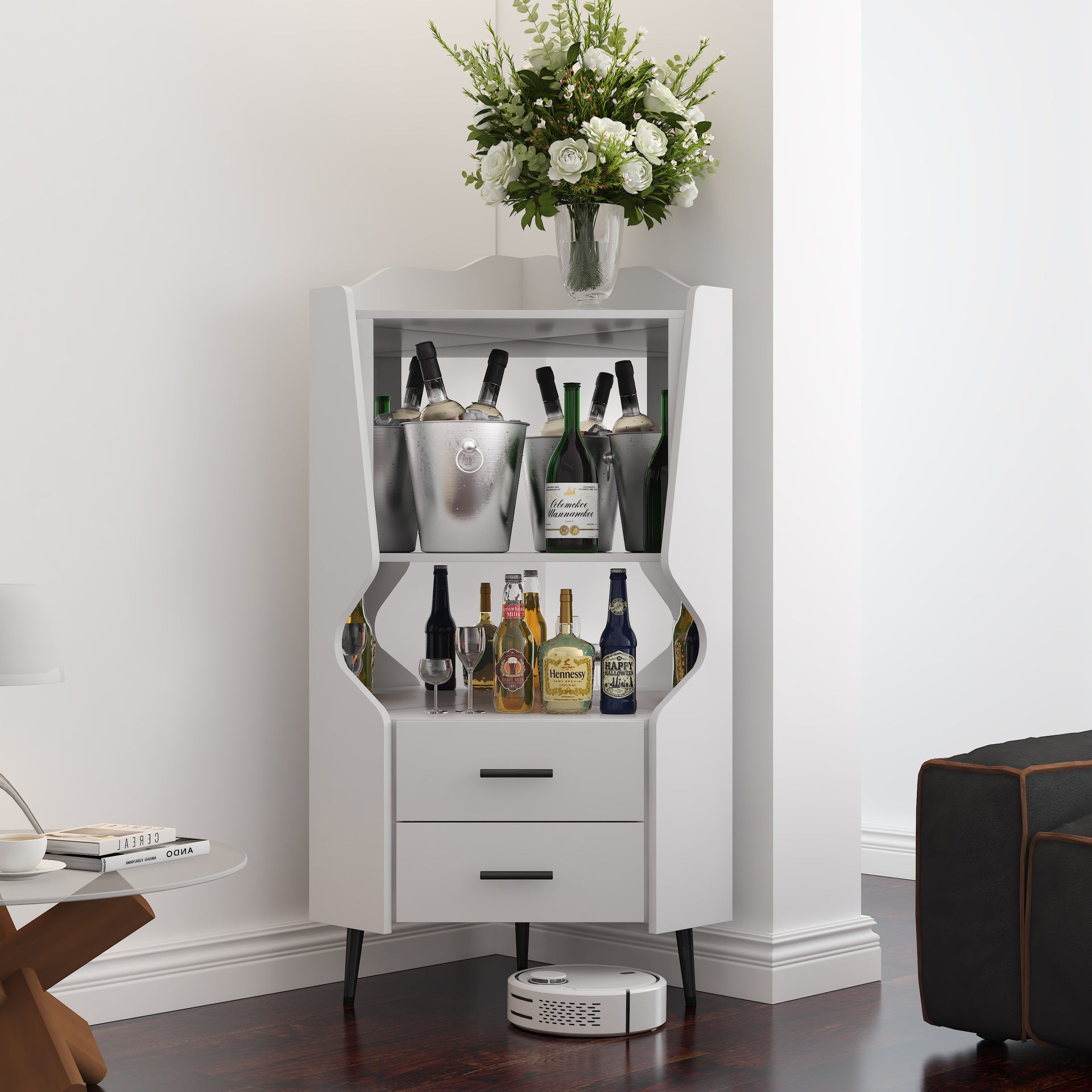 Wooden Corner bar cabinet with 2 open storage shelves and 2 drawers, mirrored back sideboard cabinet, high feet/legs for easy cleaning, buffet cabinet WHITE