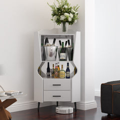 Wooden Corner bar cabinet with 2 open storage shelves and 2 drawers, mirrored back sideboard cabinet, high feet/legs for easy cleaning, buffet cabinet WHITE