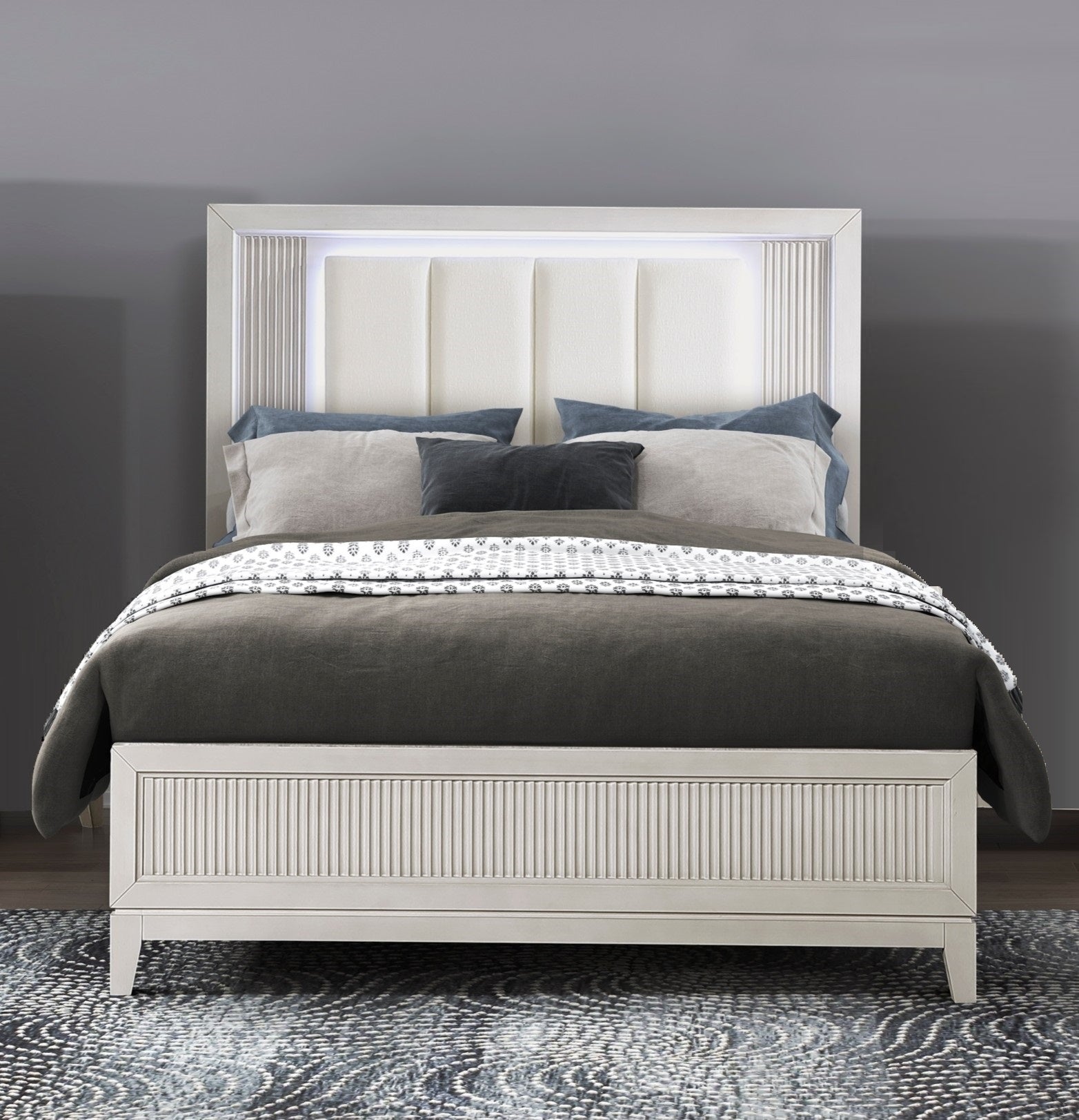 Antique White Finish King Bed with LED Headboard Upholstered Cushion Modern Bedroom Furniture 1pc, Reeded Fronts