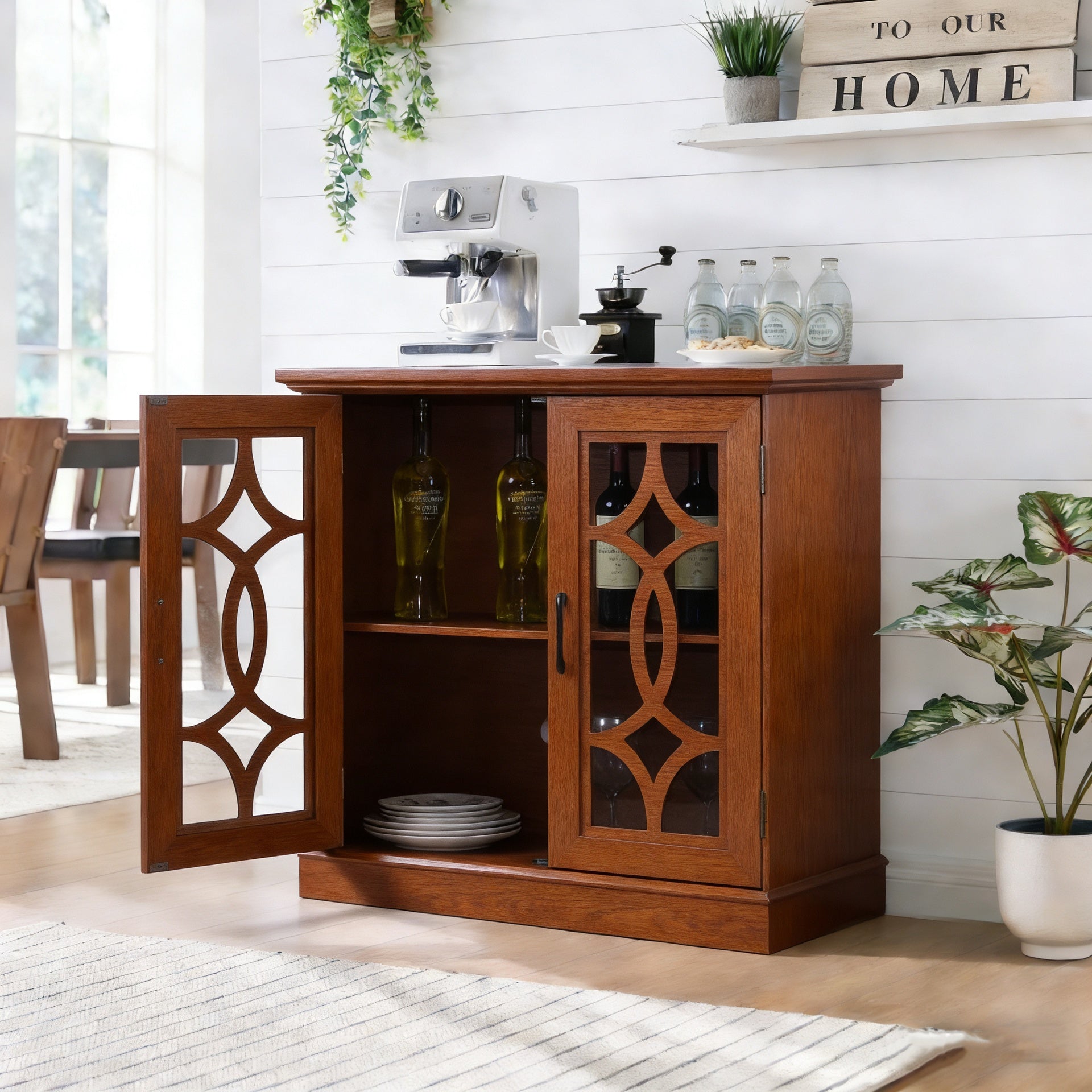 34.37" x 15.55" x 34.06" Spacious size sideboard 2 clear tempered glass doors buffet with adjustable shelf, MDF with dark OAK decorative laminates storage cabinet for dinning room, kitchen,living room