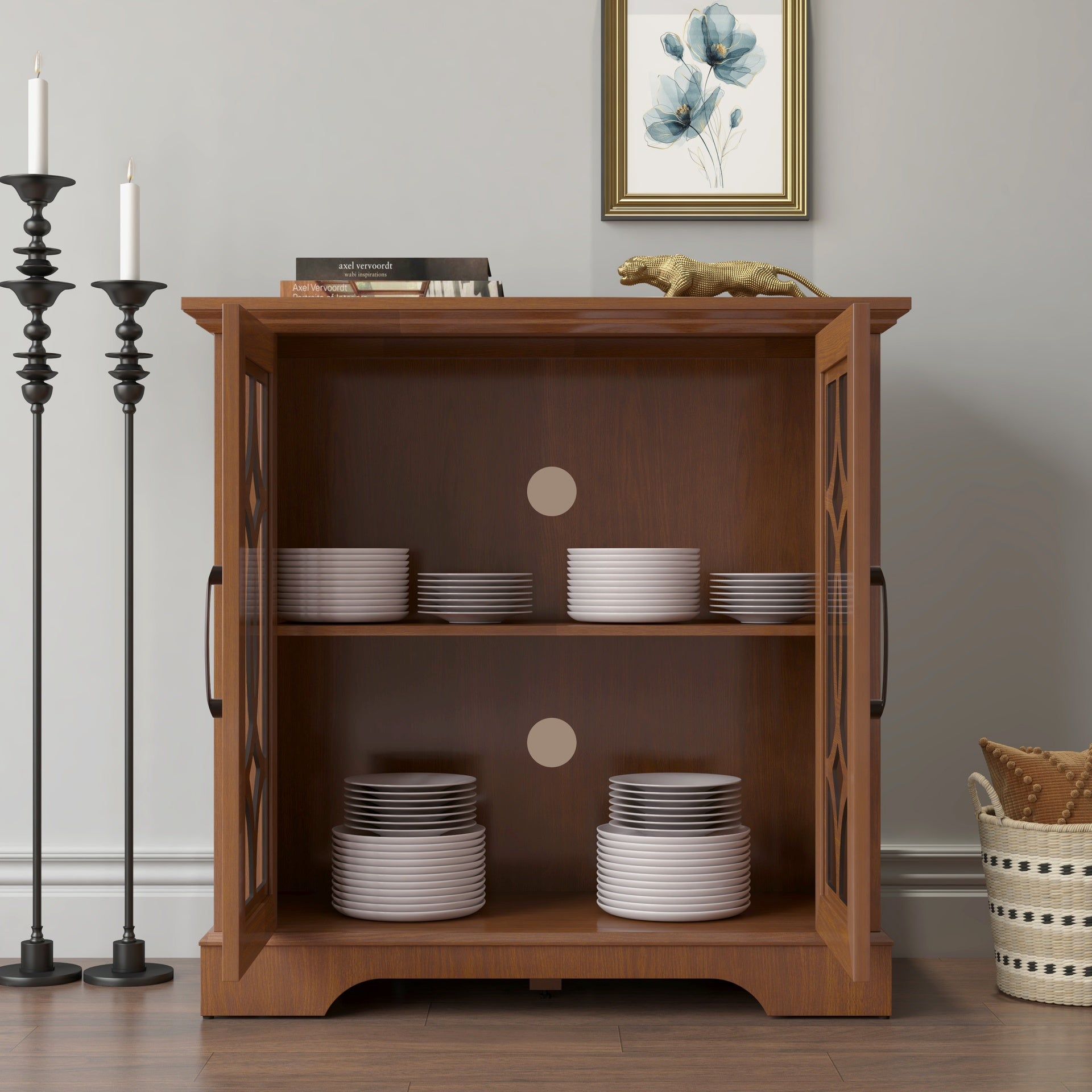 34.37" x 15.55" x 34.06" Spacious size sideboard 2 clear tempered glass doors buffet with adjustable shelf, MDF with dark OAK decorative laminates storage cabinet for dinning room, kitchen,living room
