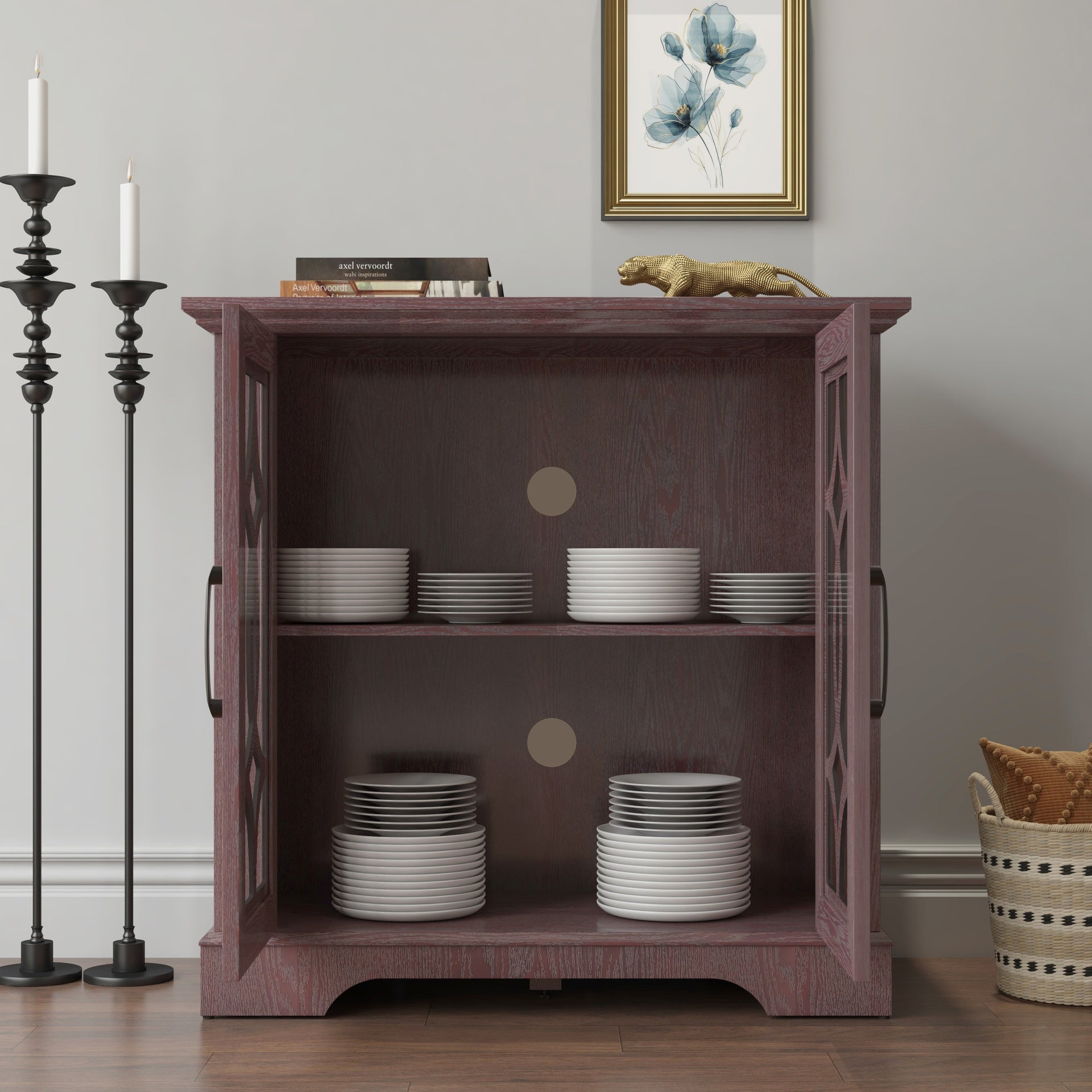 34.37" x 15.55" x 34.06" Spacious size sideboard 2 clear tempered glass doors buffet with adjustable shelf, MDF with dark RED decorative laminates storage cabinet for dinning room, kitchen,living room