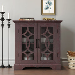 34.37" x 15.55" x 34.06" Spacious size sideboard 2 clear tempered glass doors buffet with adjustable shelf, MDF with dark RED decorative laminates storage cabinet for dinning room, kitchen,living room