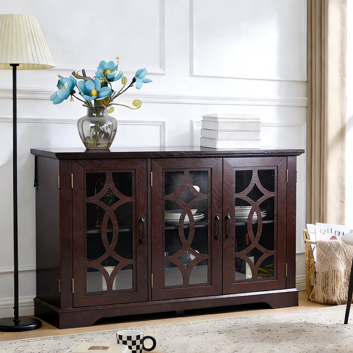 48.66" x 15.55" x 34.06" Spacious size sideboard 3 clear tempered glass doors buffet with adjustable shelf, MDF with dark RED decorative laminates storage cabinet for dinning room, kitchen,living room