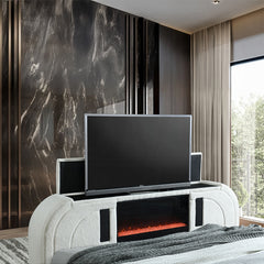 Shelyn White Teddy Sherpa & Chrome EK Bed w/LED, TV Cabinet, Fireplace & Bluetooth