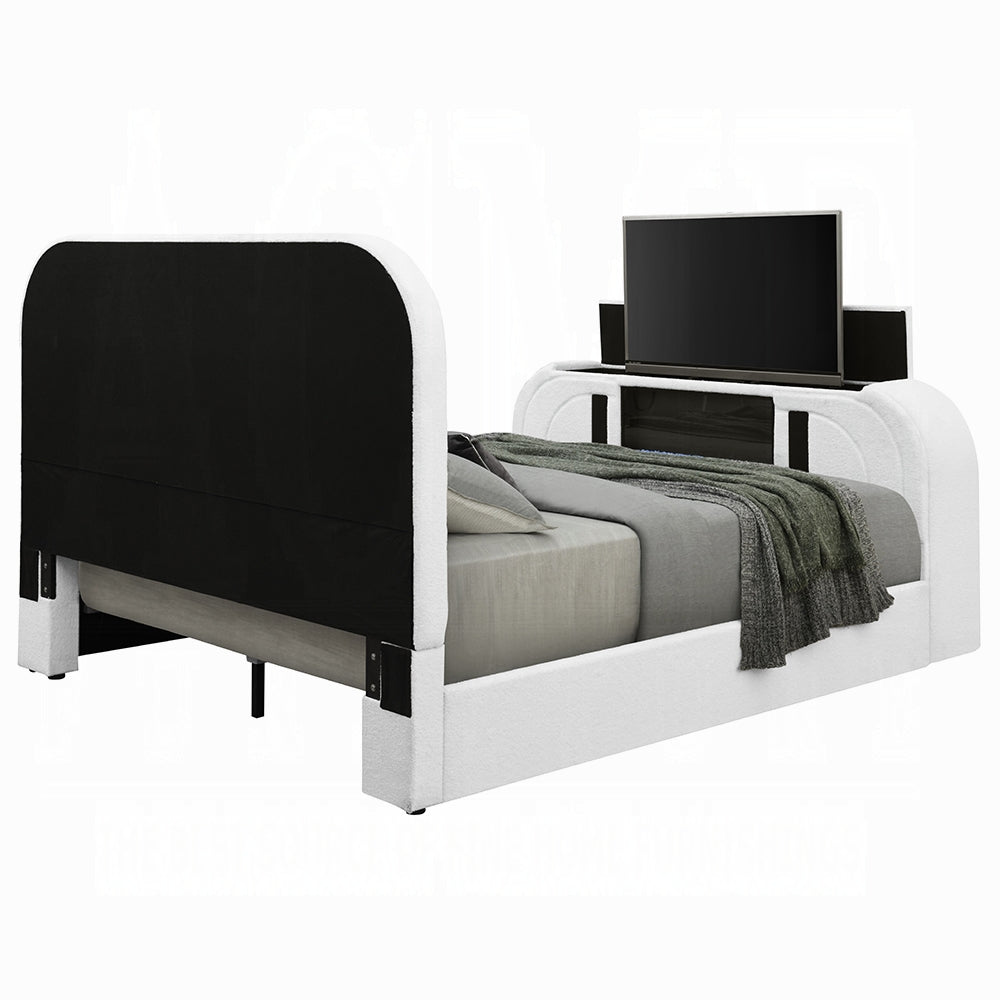 Shelyn White Teddy Sherpa & Chrome EK Bed w/LED, TV Cabinet, Fireplace & Bluetooth