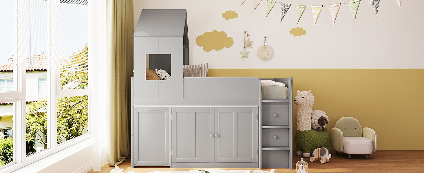 Twin Size Wooden Loft Bed with Desk, Drawers,Cabinets,Gray