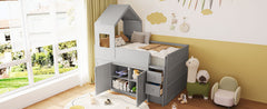 Twin Size Wooden Loft Bed with Desk, Drawers,Cabinets,Gray