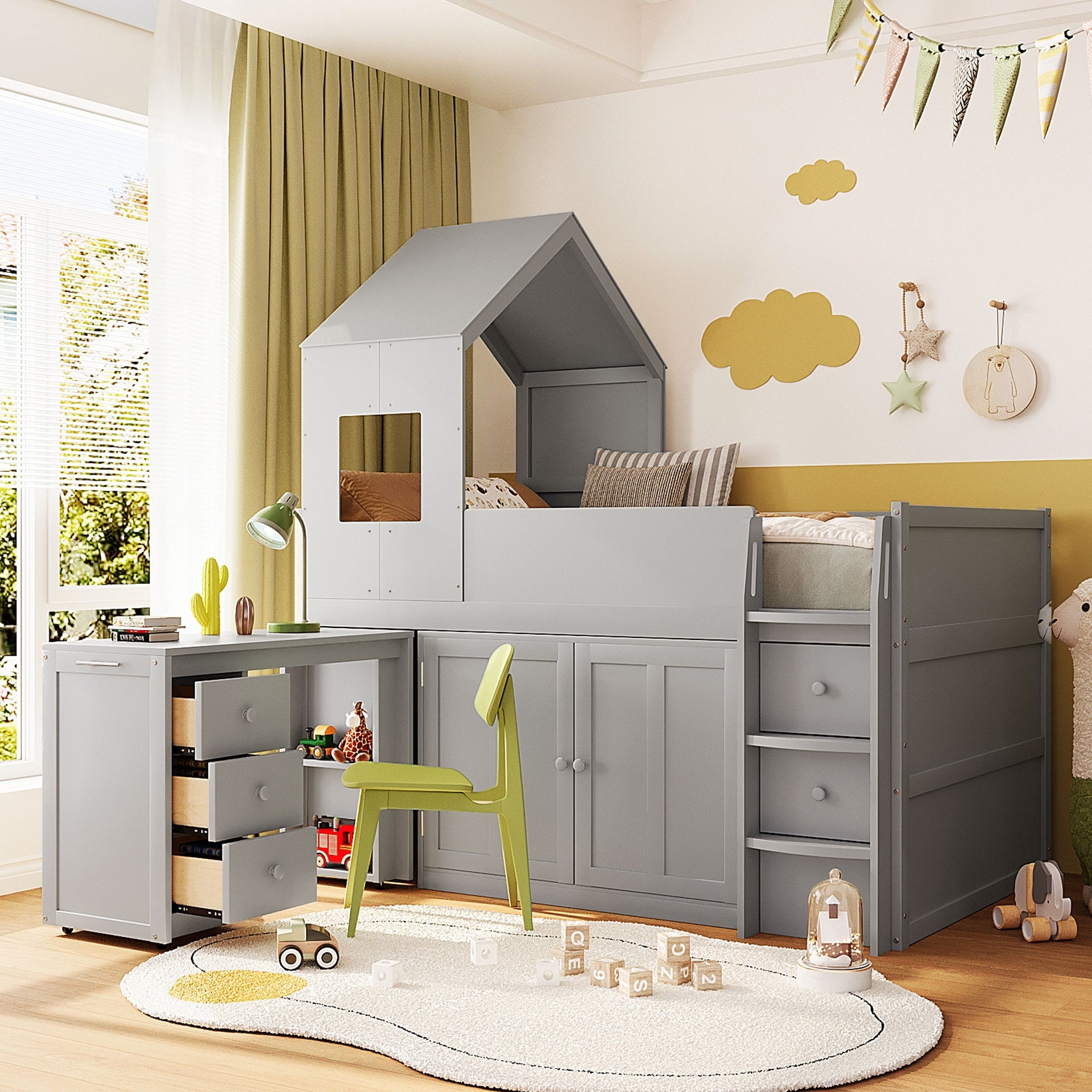 Twin Size Wooden Loft Bed with Desk, Drawers,Cabinets,Gray