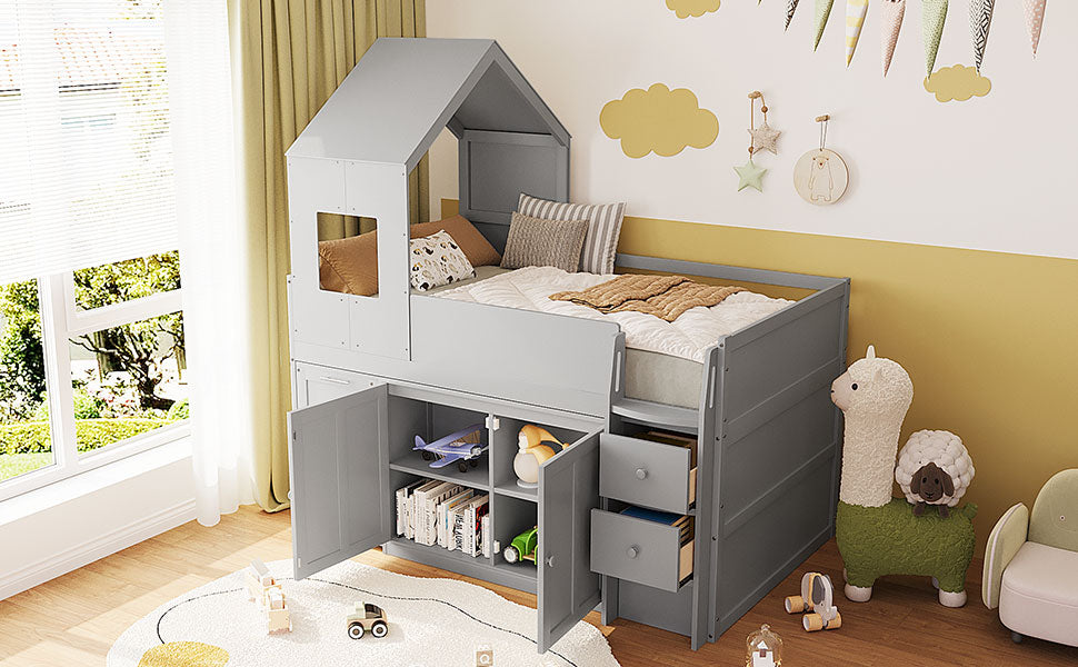 Twin Size Wooden Loft Bed with Desk, Drawers,Cabinets,Gray