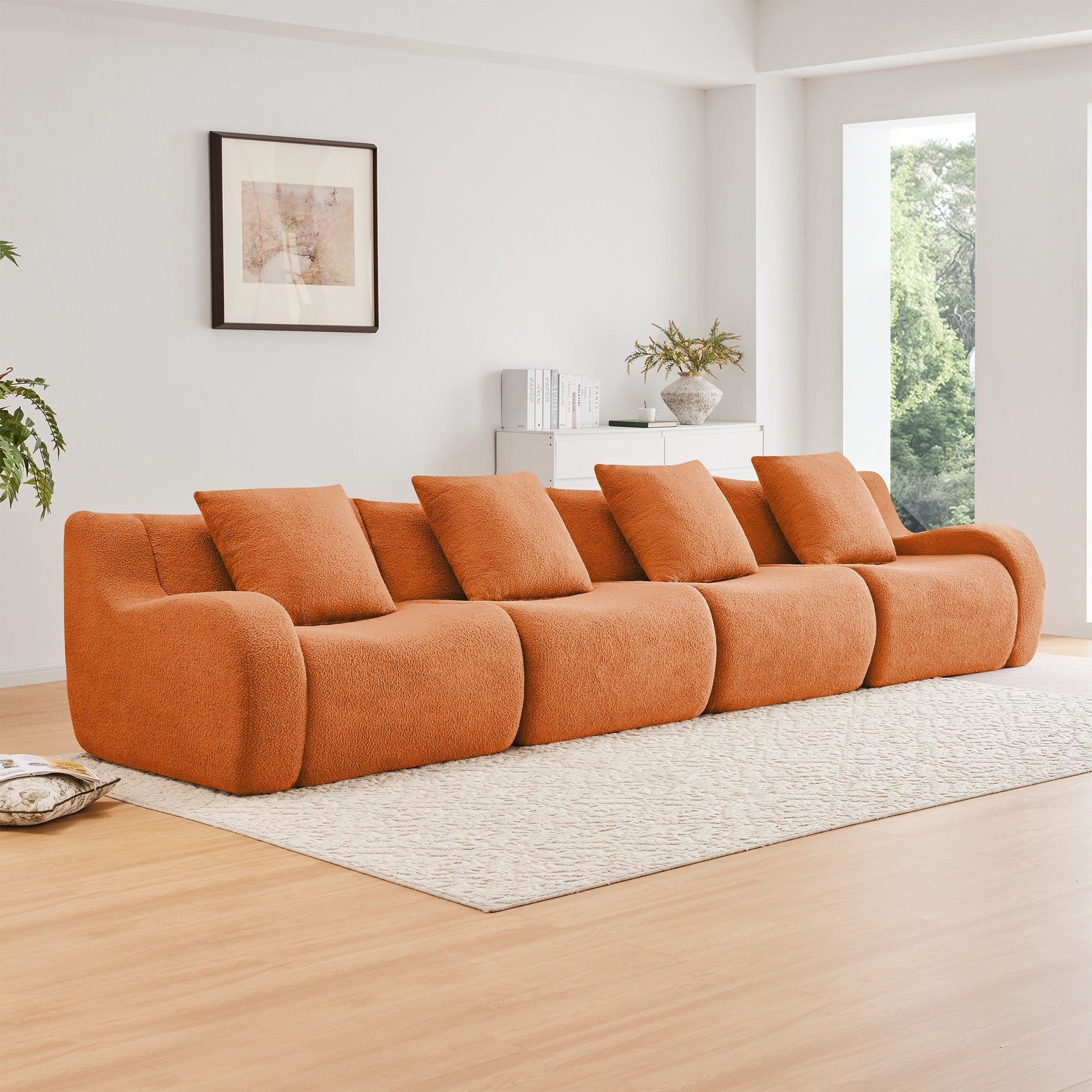 4-Seat Boneless Sofa, High-Quality Teddy Fabric,No assembly required Curved armrest,Anti-slip Design,32D High Density Sponge Full Compression Vacuum Packag,For Studies Iiving Rooms,Orange