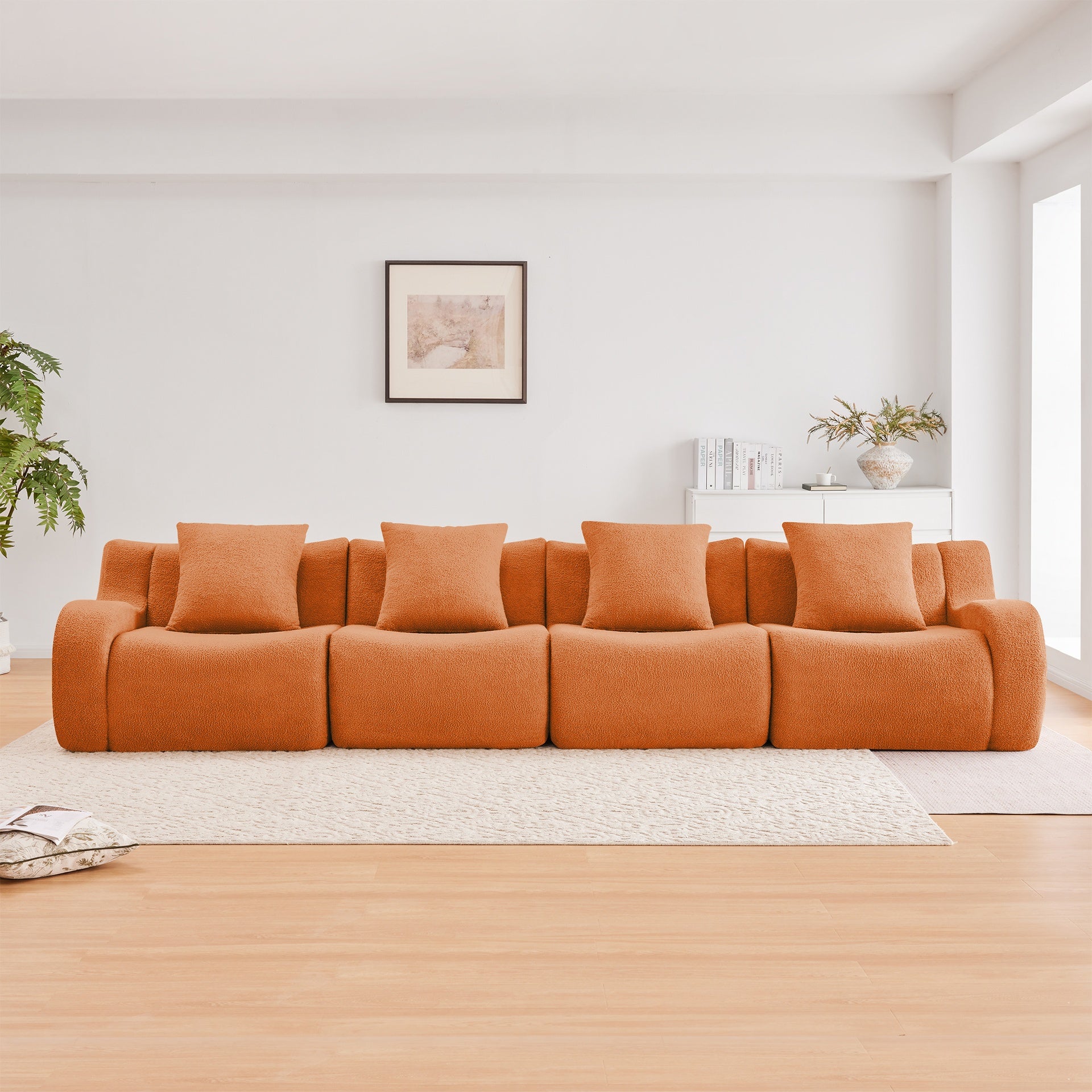 4-Seat Boneless Sofa, High-Quality Teddy Fabric,No assembly required Curved armrest,Anti-slip Design,32D High Density Sponge Full Compression Vacuum Packag,For Studies Iiving Rooms,Orange