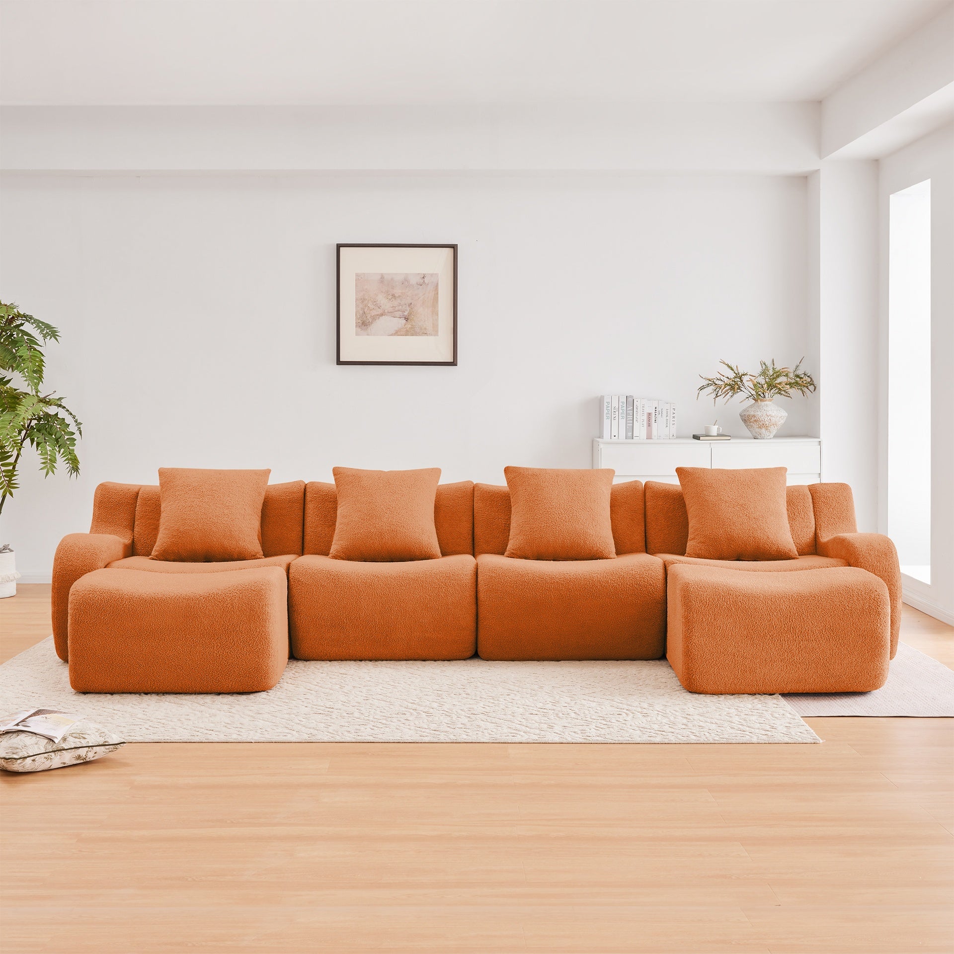 U-Shaped Boneless Sofa,Teddy Fabric No assembly required Curved armrest,Anti-slip Design,Streamlined Design 32D High Density Sponge,Full Compression Vacuum Packag,For Studies living Rooms,Orange