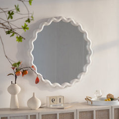 White Scalloped Round Wall Mirror, Wavy Frame for Living Room/Bedroom/Bathroom Decor