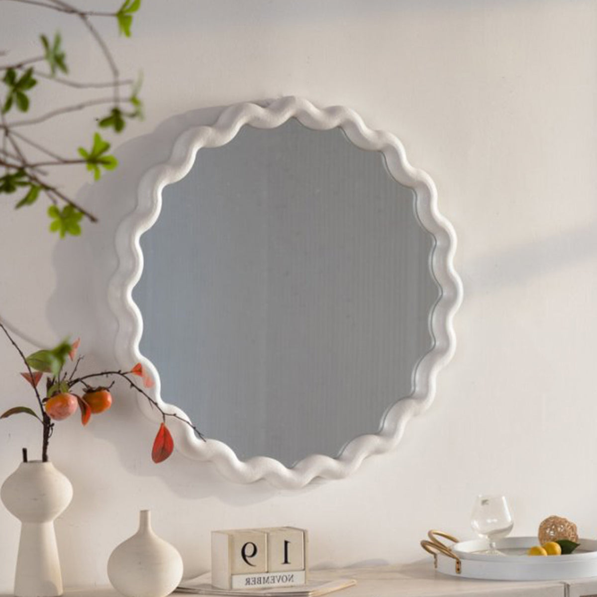 White Scalloped Round Wall Mirror, Wavy Frame for Living Room/Bedroom/Bathroom Decor