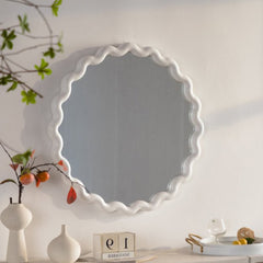 White Scalloped Round Wall Mirror, Wavy Frame for Living Room/Bedroom/Bathroom Decor