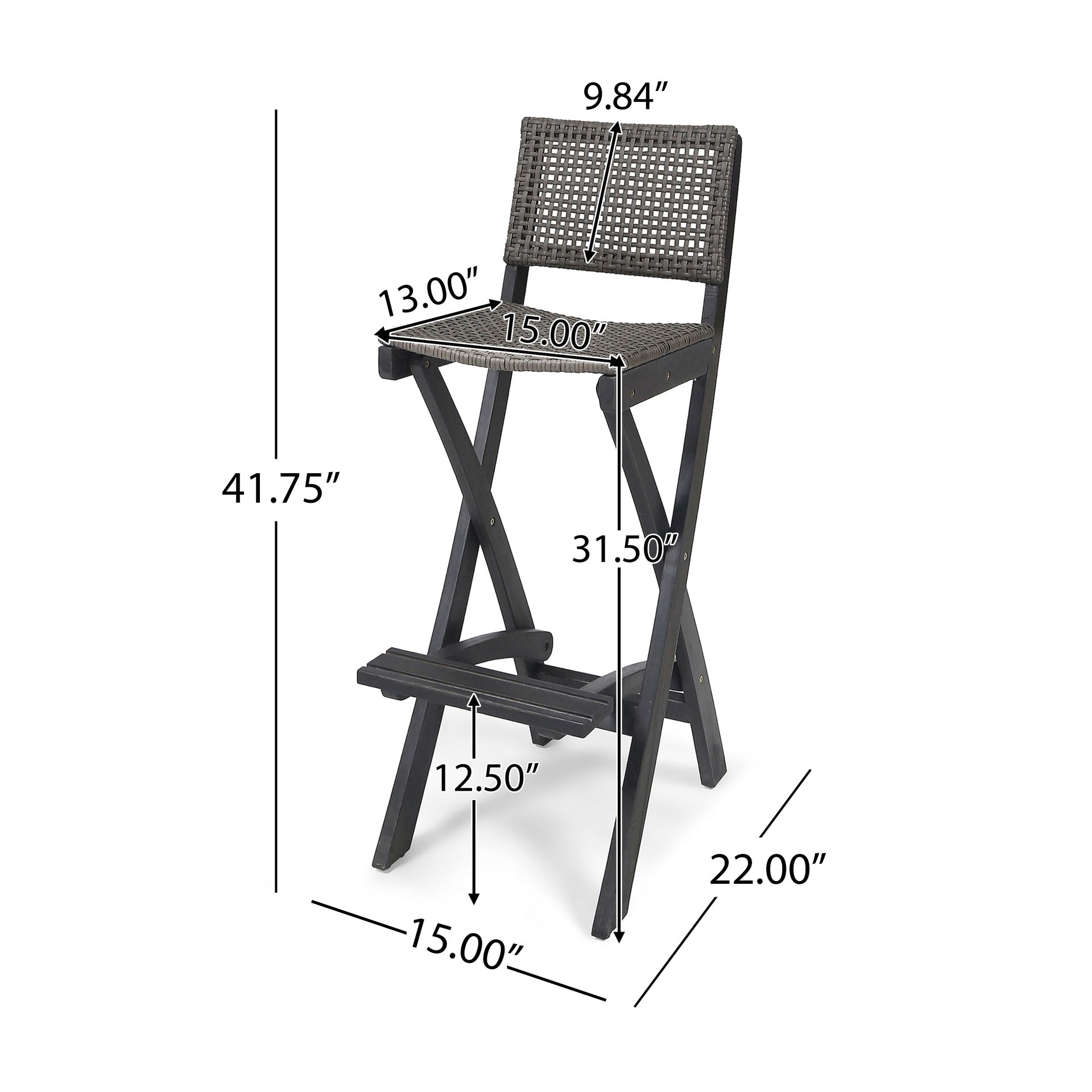 41.75" Outdoor Folding Acacia Wood Barstools with PE Rattan Backrest and Seat, Dark Grey Finish (Set of 2)