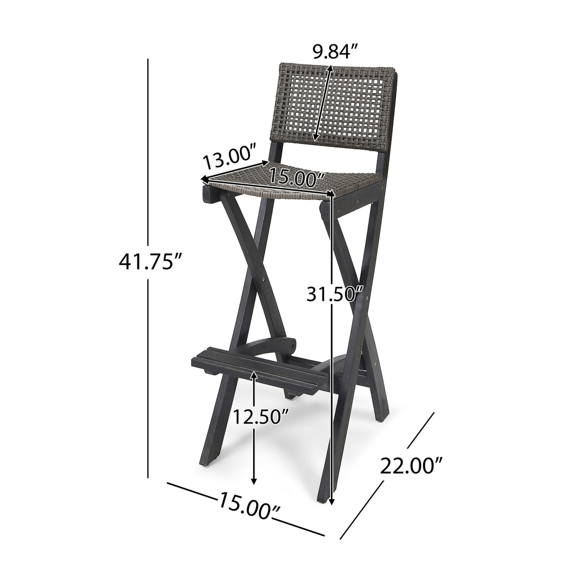 41.75" Outdoor Folding Acacia Wood Barstools with PE Rattan Backrest and Seat, Dark Grey Finish (Set of 2)