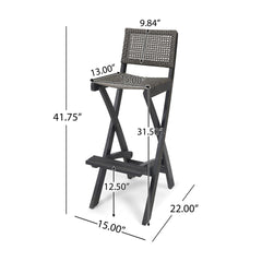 41.75" Outdoor Folding Acacia Wood Barstools with PE Rattan Backrest and Seat, Dark Grey Finish (Set of 2)