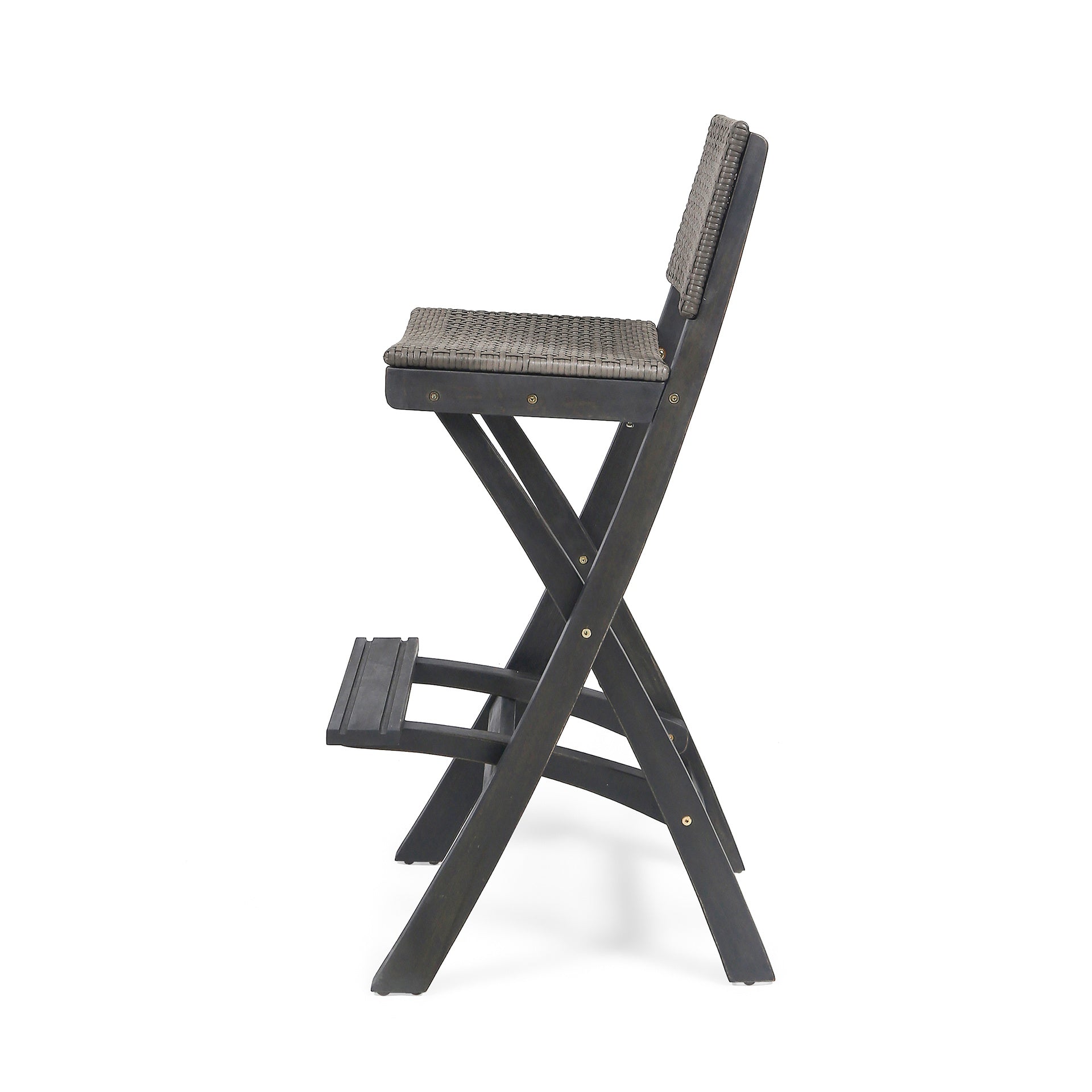 41.75" Outdoor Folding Acacia Wood Barstools with PE Rattan Backrest and Seat, Dark Grey Finish (Set of 2)