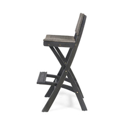 41.75" Outdoor Folding Acacia Wood Barstools with PE Rattan Backrest and Seat, Dark Grey Finish (Set of 2)