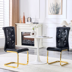Set of 2,Retro alligator skin Upholstered dining chairs,with Crystal buckle design and Faux Leather design,a touch of elegance and mystery to the dining area,Gilded metal bow leg