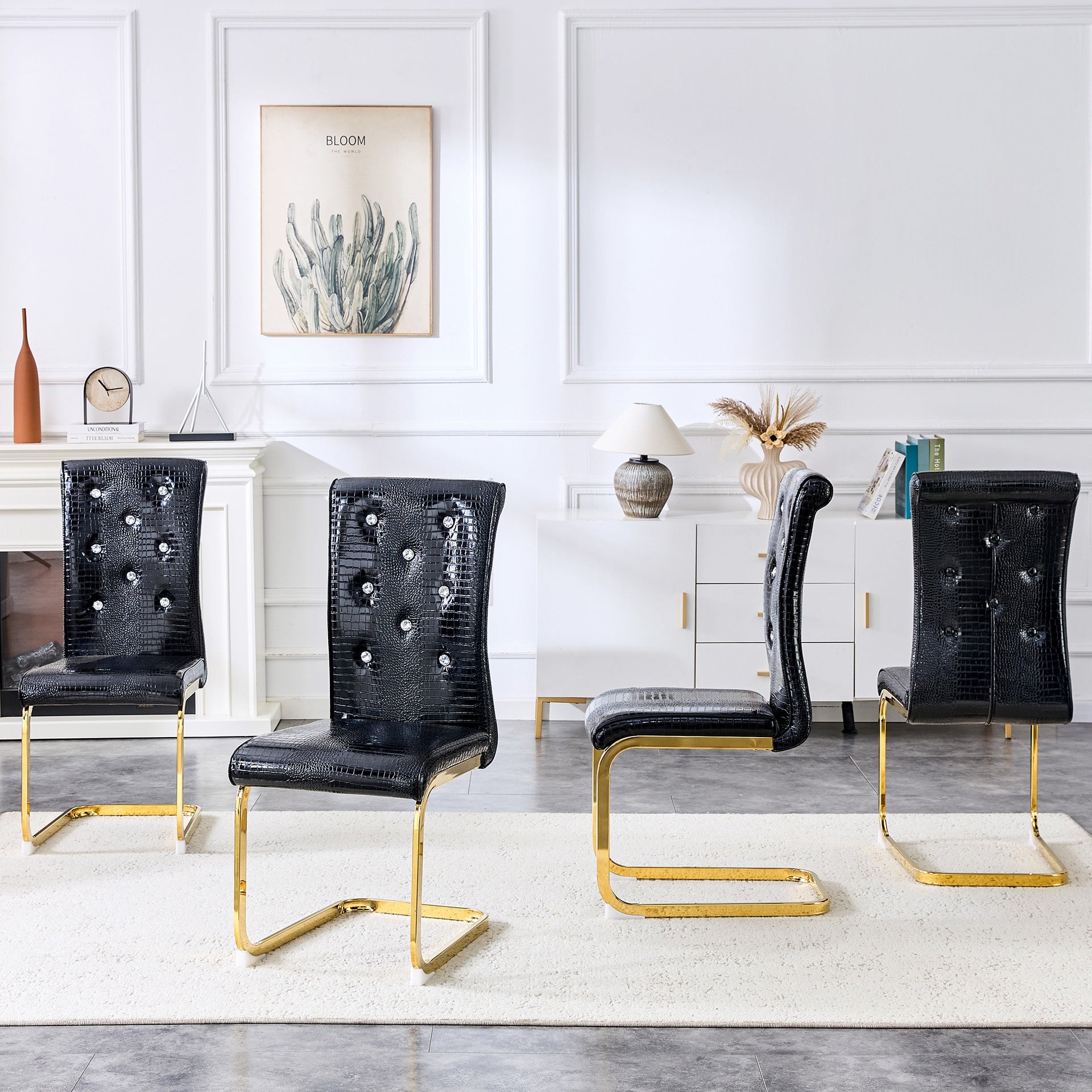 Set of 2,Retro alligator skin Upholstered dining chairs,with Crystal buckle design and Faux Leather design,a touch of elegance and mystery to the dining area,Gilded metal bow leg