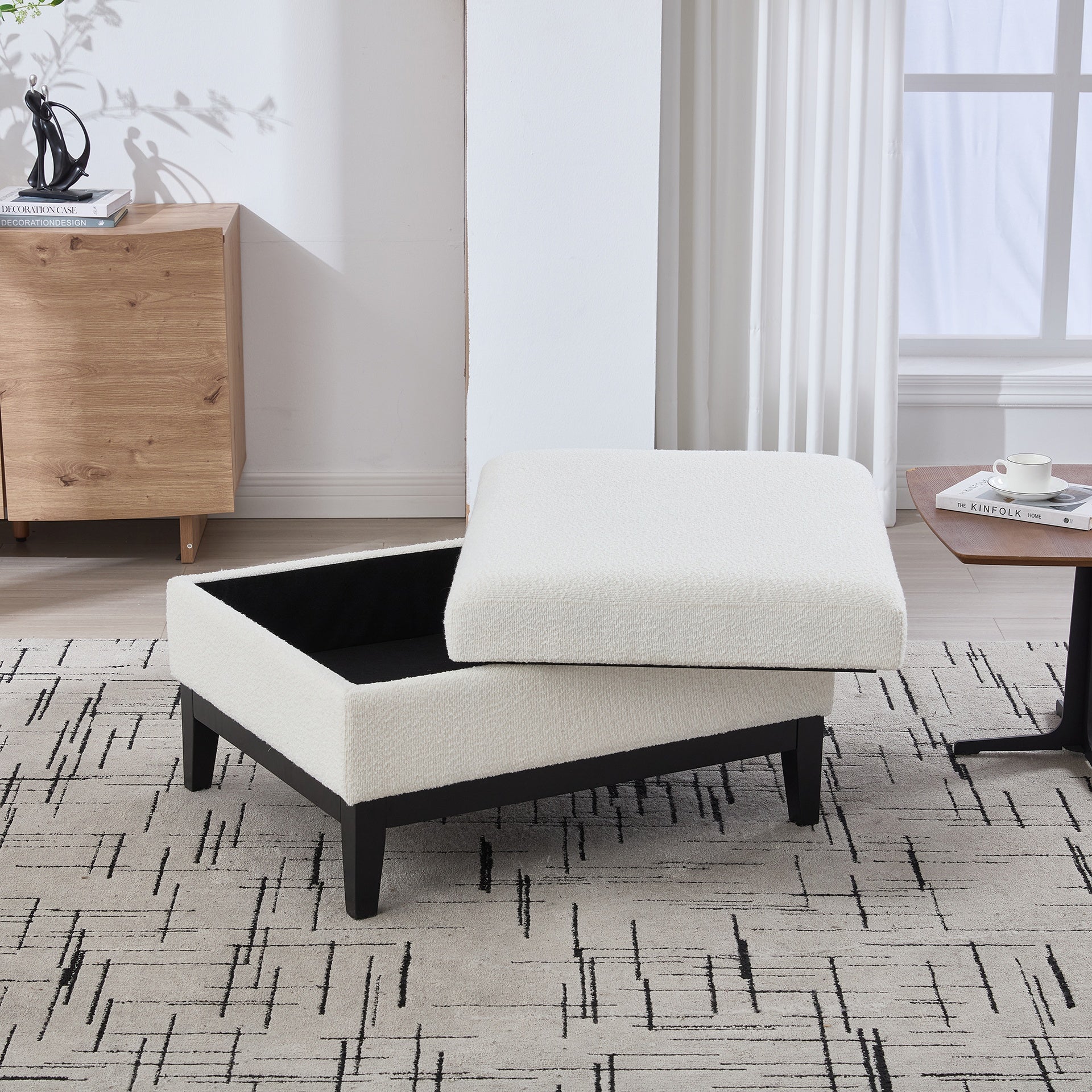 33.86"W Upholstered Wood Base Storage Ottoman With Reversible Lid Coffee Table, Foot Stool Square Footrest with Rubberwood Legs for Living Room Bedroom Entryway and Office, Ivory Boucle.