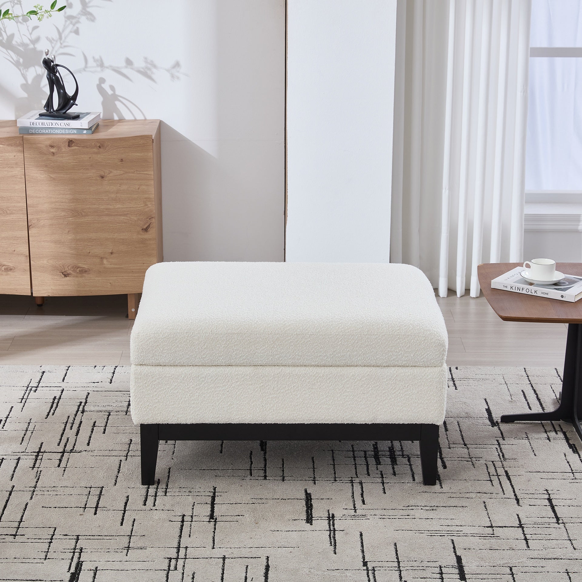 33.86"W Upholstered Wood Base Storage Ottoman With Reversible Lid Coffee Table, Foot Stool Square Footrest with Rubberwood Legs for Living Room Bedroom Entryway and Office, Ivory Boucle.