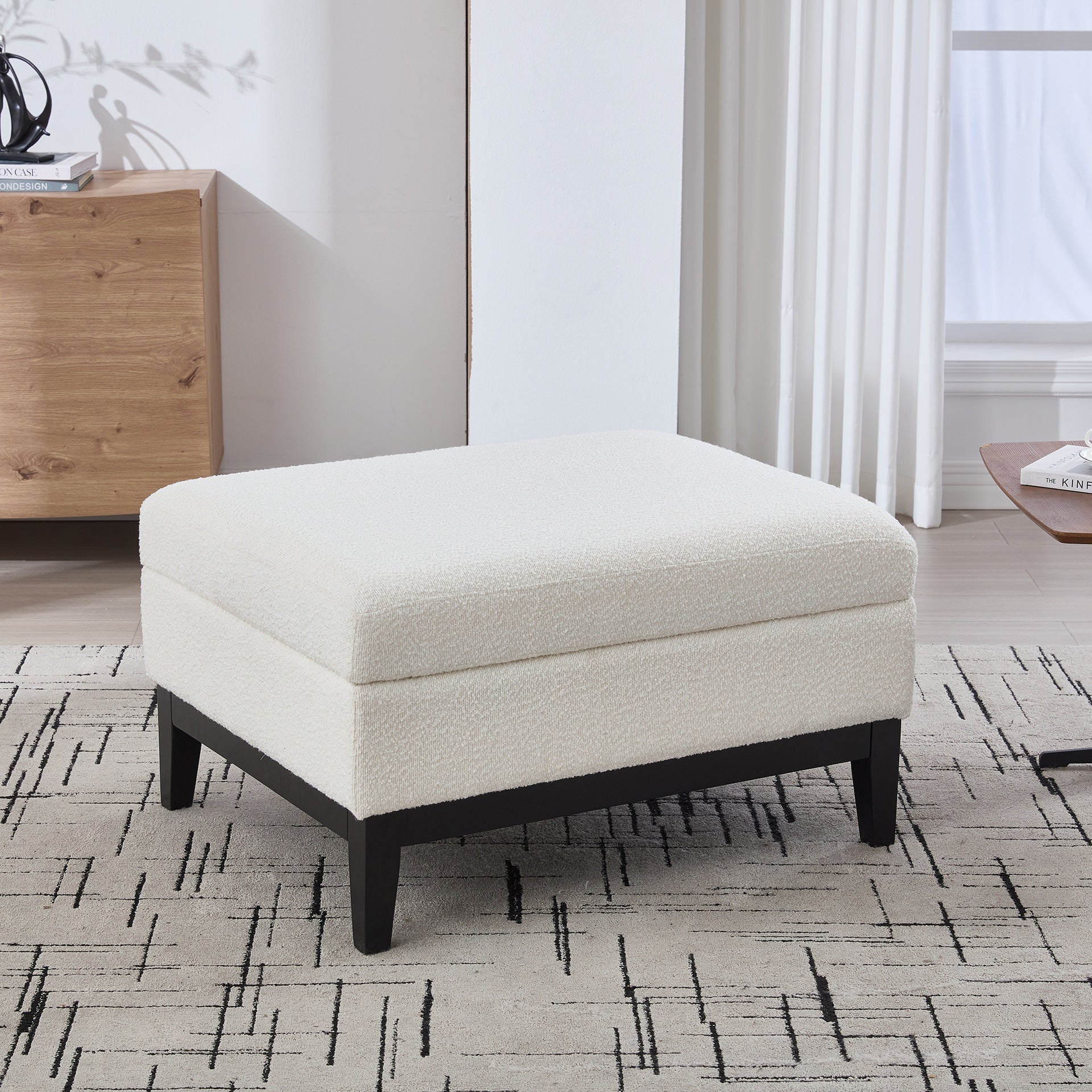 33.86"W Upholstered Wood Base Storage Ottoman With Reversible Lid Coffee Table, Foot Stool Square Footrest with Rubberwood Legs for Living Room Bedroom Entryway and Office, Ivory Boucle.