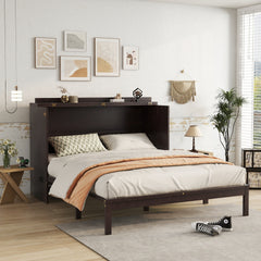 Queen Size Murphy Bed, Pine Wood Cabinet Bed with Power Station and Rattan Decoration Panel,Espresso