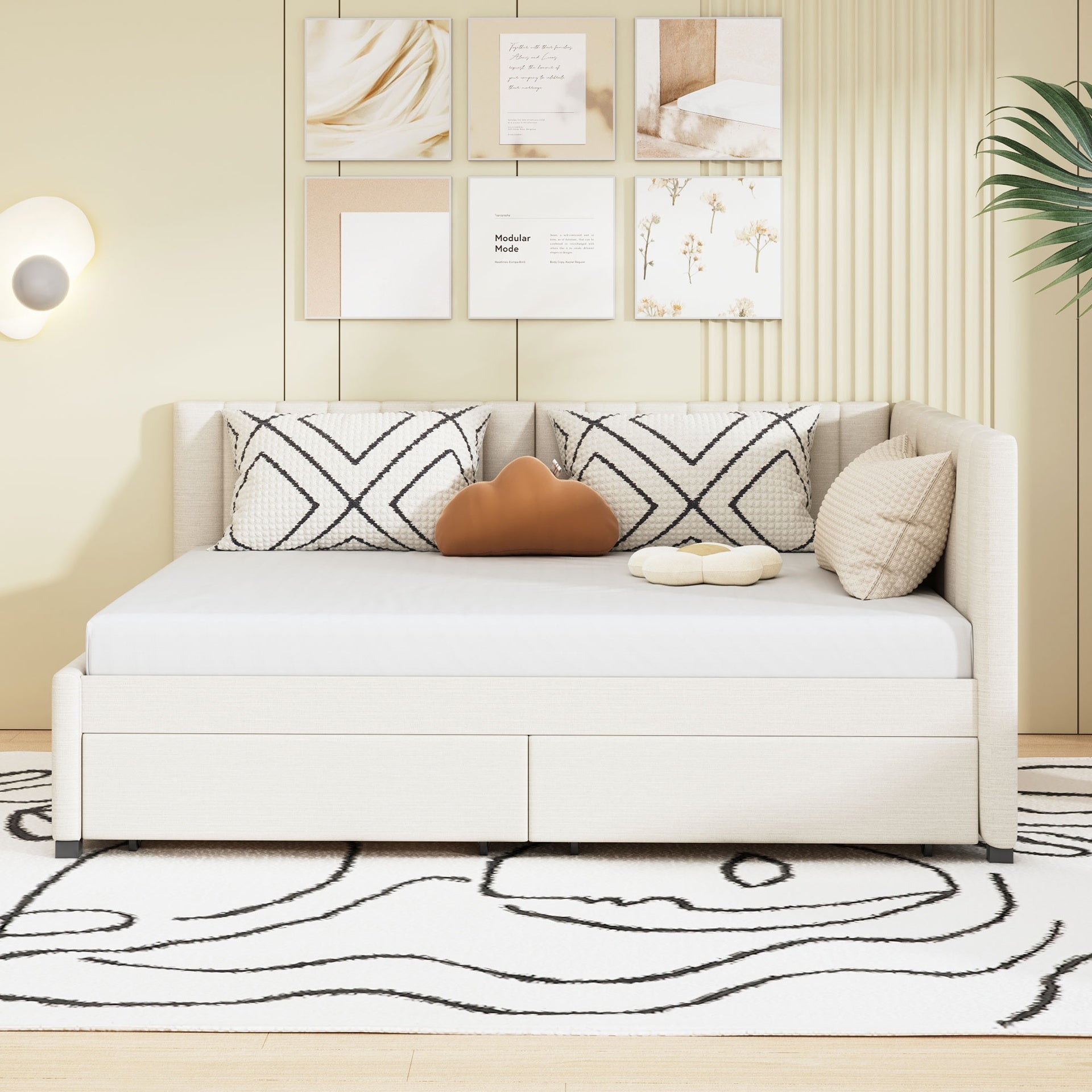 Full Size Upholstered Daybed with 2 Storage Drawers Sofa Bed Frame No Box Spring Needed, Linen Fabric (Beige)