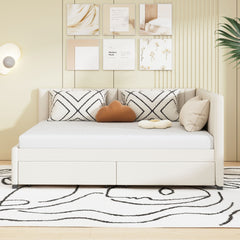 Full Size Upholstered Daybed with 2 Storage Drawers Sofa Bed Frame No Box Spring Needed, Linen Fabric (Beige)