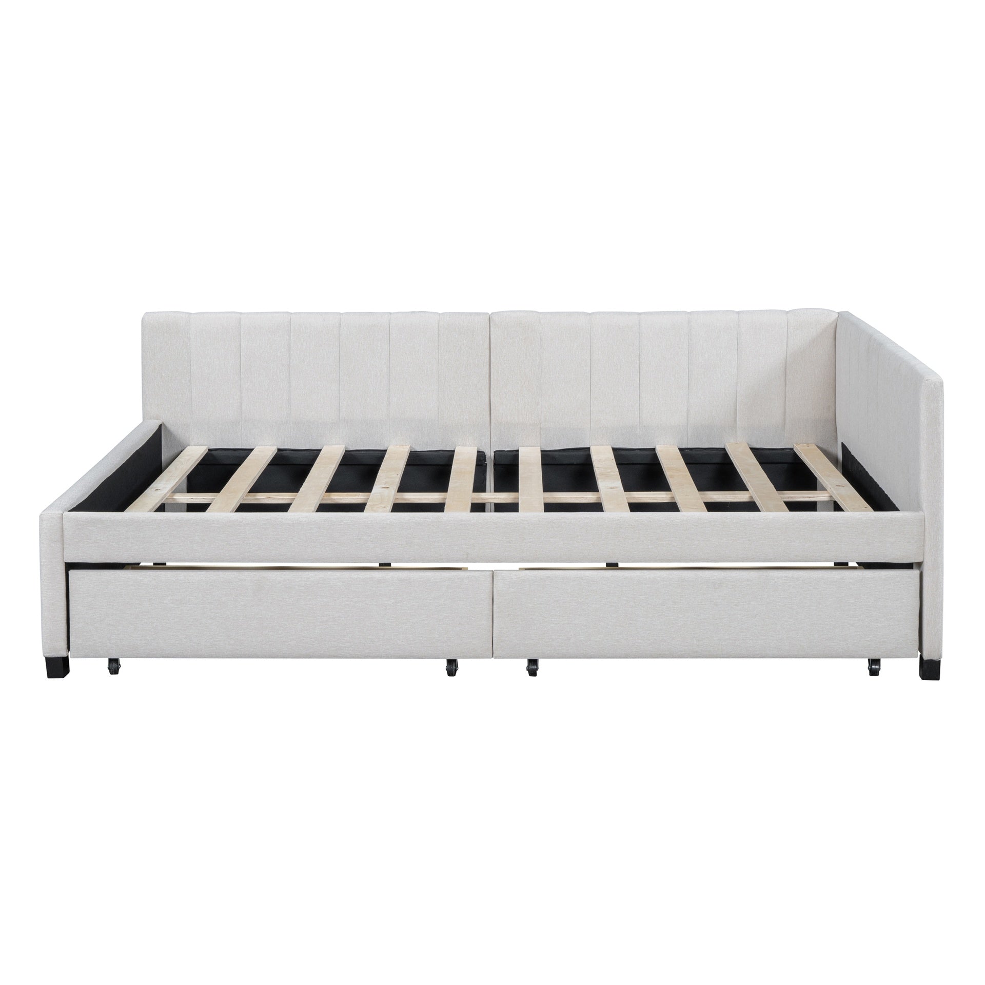 Full Size Upholstered Daybed with 2 Storage Drawers Sofa Bed Frame No Box Spring Needed, Linen Fabric (Beige)
