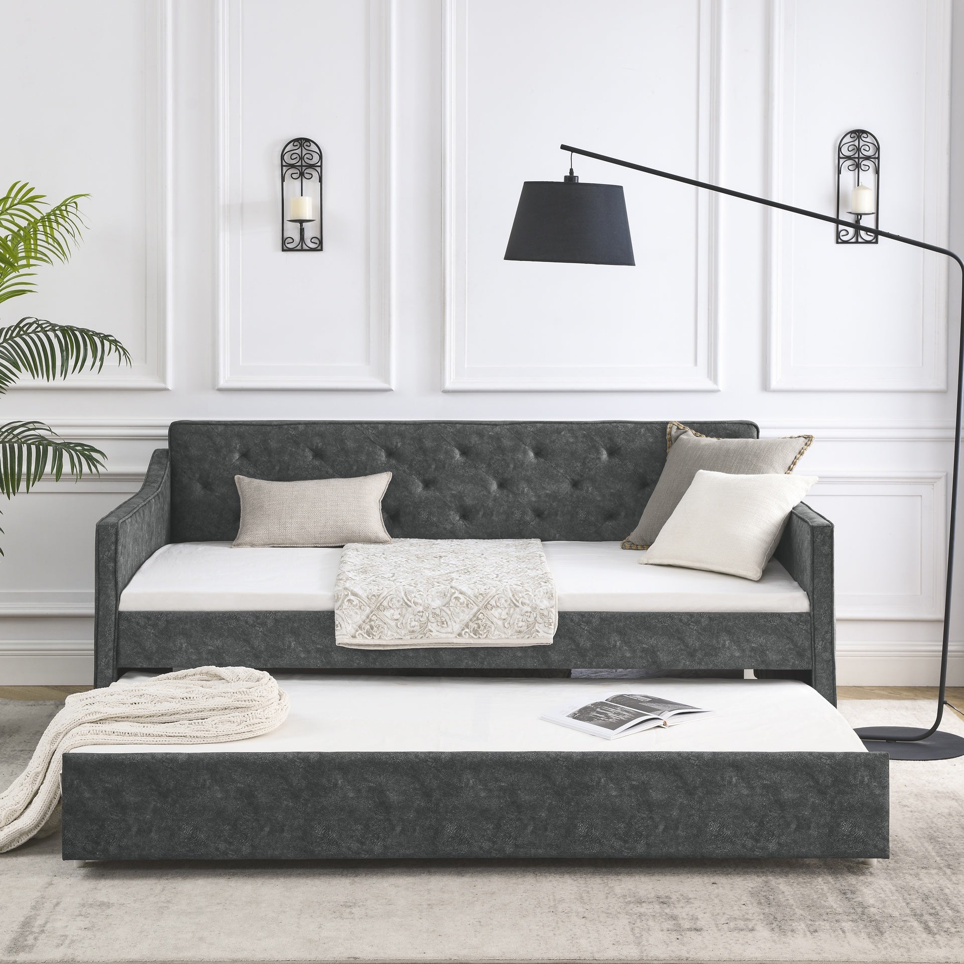 Twin Size Daybed with Twin Size Trundle Upholstered Tufted Sofa Bed,  Waved Shape Arms, Grey (80.5"x44.5"x33.5")