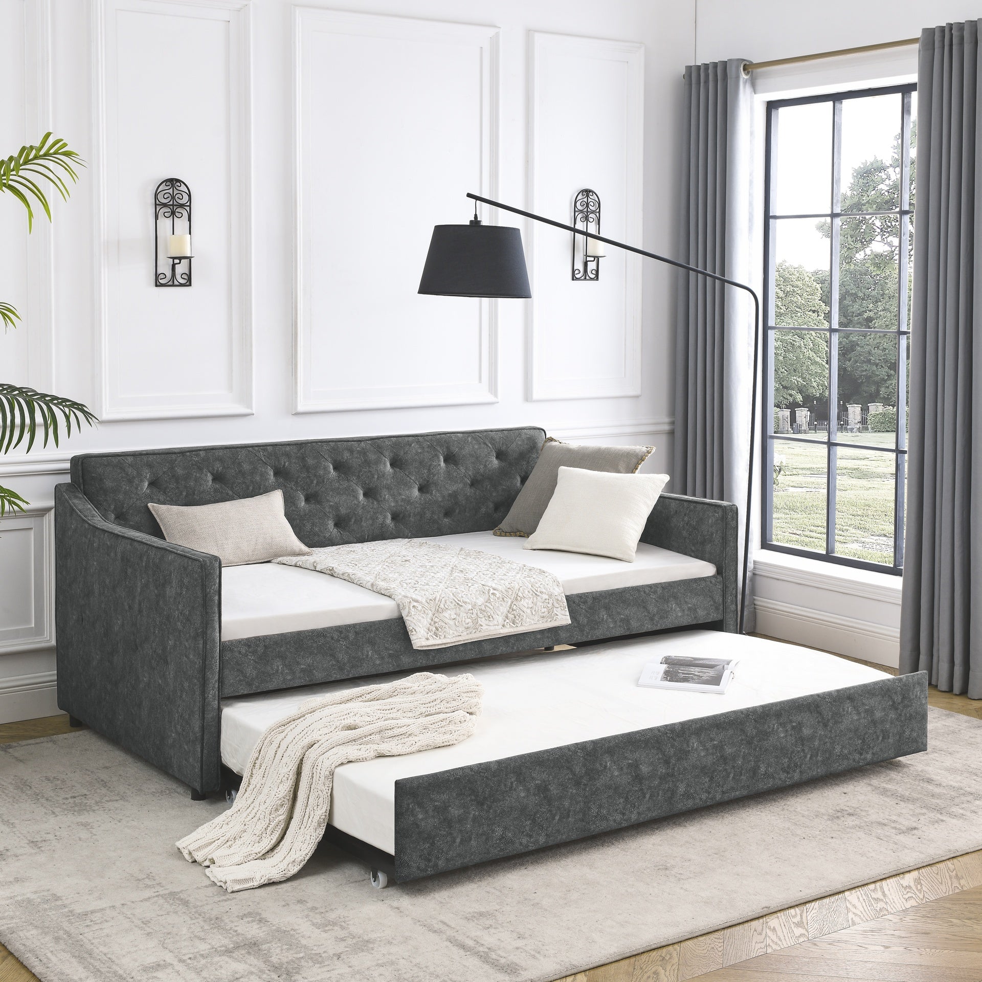 Twin Size Daybed with Twin Size Trundle Upholstered Tufted Sofa Bed,  Waved Shape Arms, Grey (80.5"x44.5"x33.5")