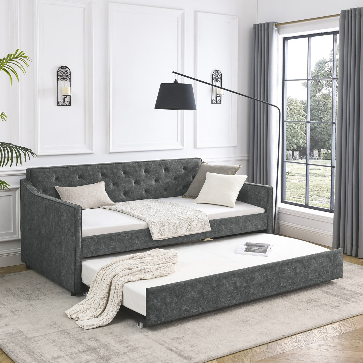 Twin Size Daybed with Twin Size Trundle Upholstered Tufted Sofa Bed,  Waved Shape Arms, Grey (80.5"x44.5"x33.5")
