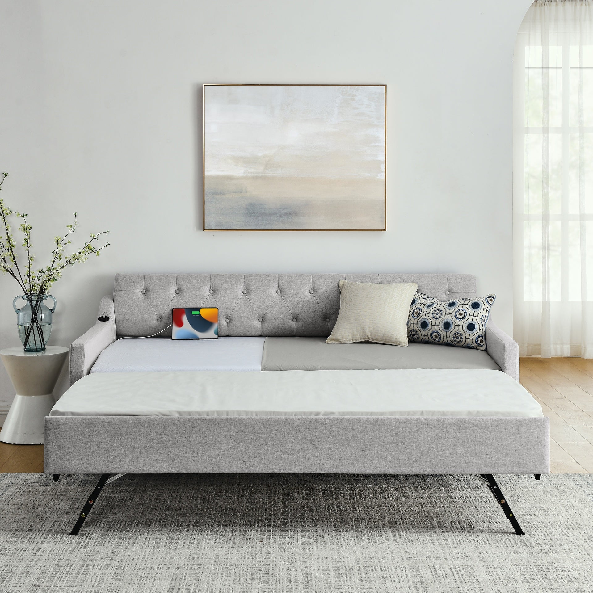 Twin Size Upholstery DayBed with Twin Size Erectable Trundle and USB Charging Design, Linen Beige
