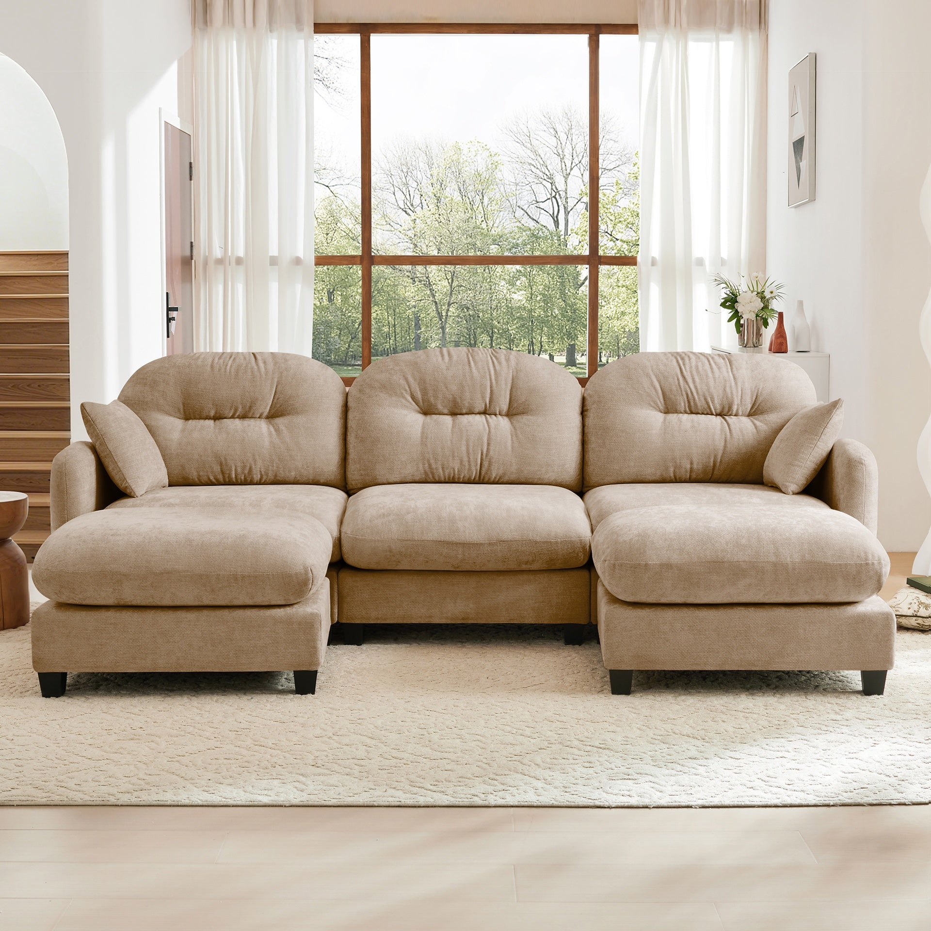 Modular Sectional U Shaped Couch With Ottoman, Premium Chenille Fabric,With 2 Throw Pillows, High-Density Foam  Tufted Cushion Backrest Design,Easy Install,Fits Bedrooms, Reading Nooks,Camel