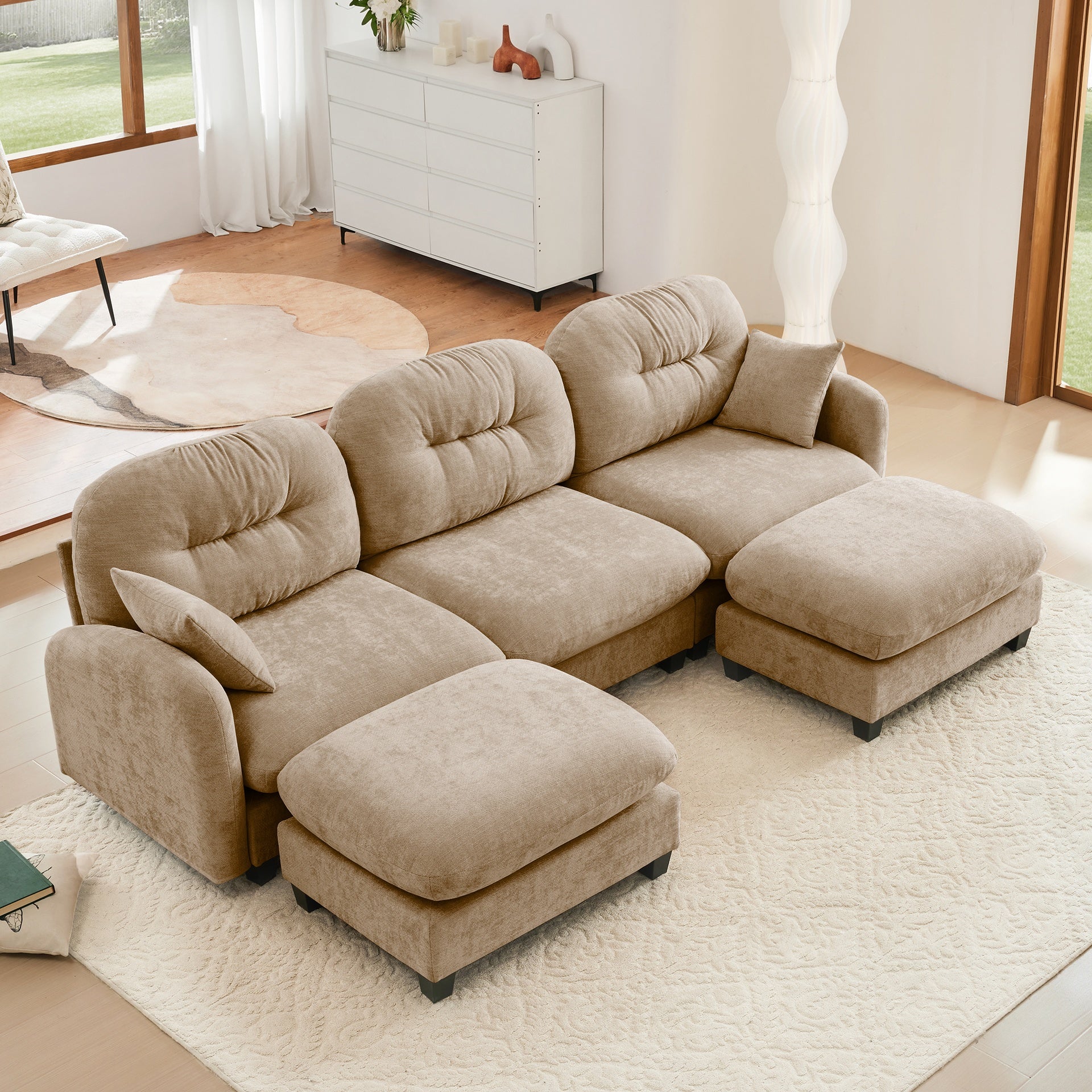 Modular Sectional U Shaped Couch With Ottoman, Premium Chenille Fabric,With 2 Throw Pillows, High-Density Foam  Tufted Cushion Backrest Design,Easy Install,Fits Bedrooms, Reading Nooks,Camel