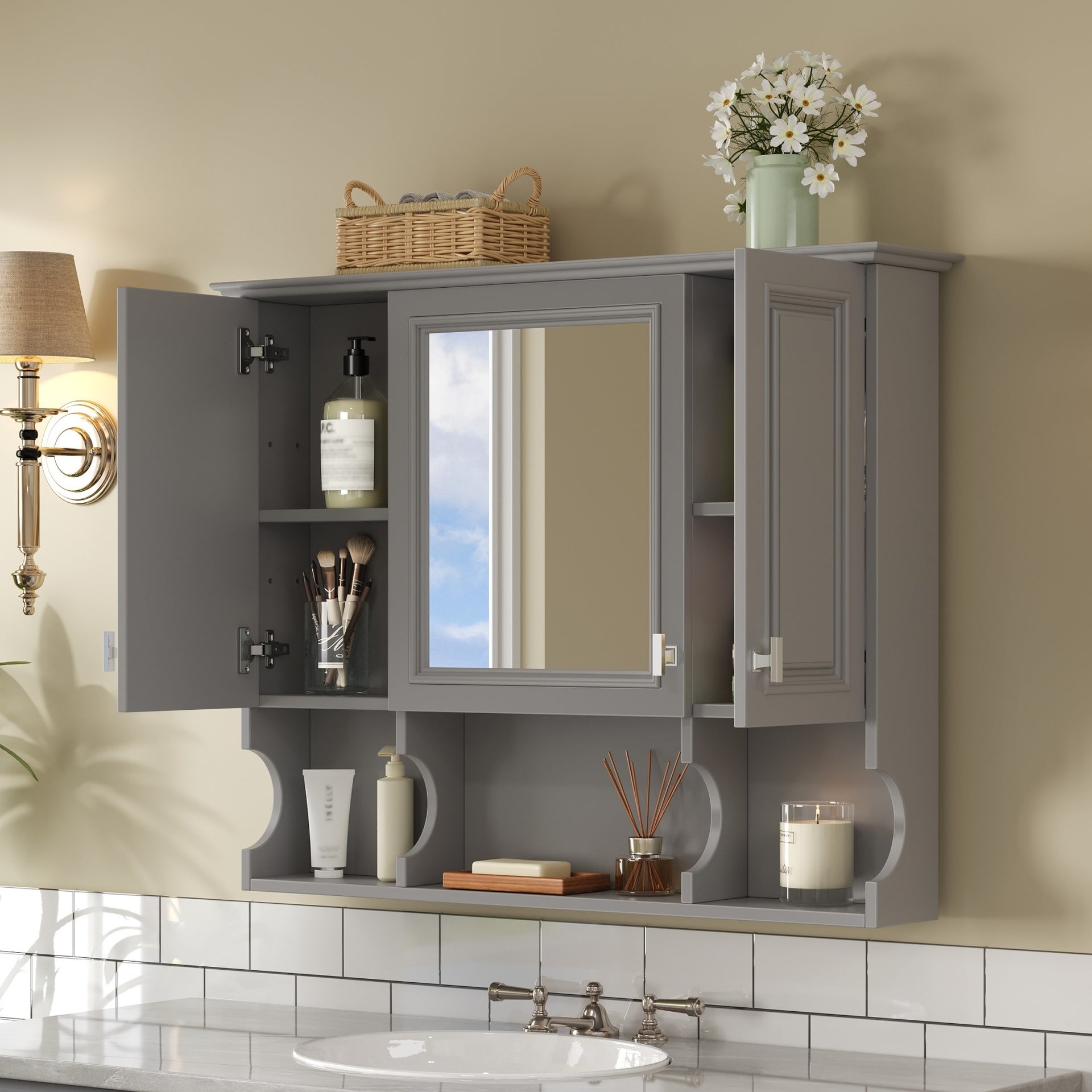 35'' x 28'' Wall Mounted Bathroom Medicine Cabinet, Modern Bathroom Wall Cabinet with Mirror,  Mirror Cabinet with Open Shelves